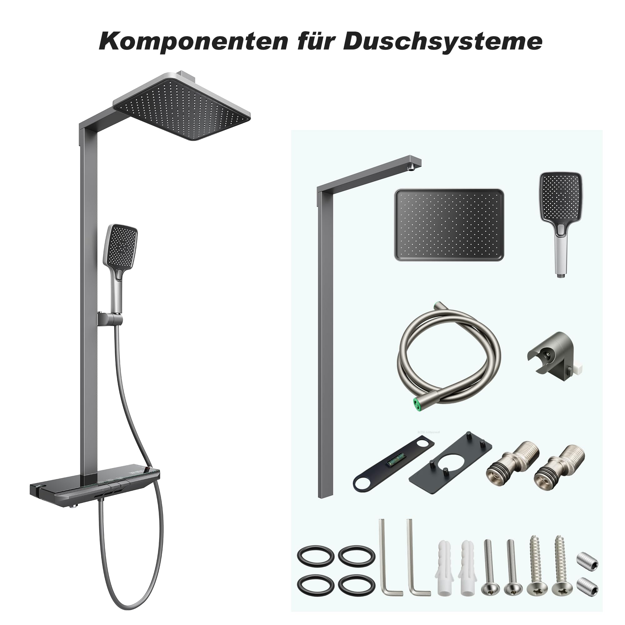 SONNI Duschsystem mit Thermostat Anthrazit LED Duschset Regendusche Eckig