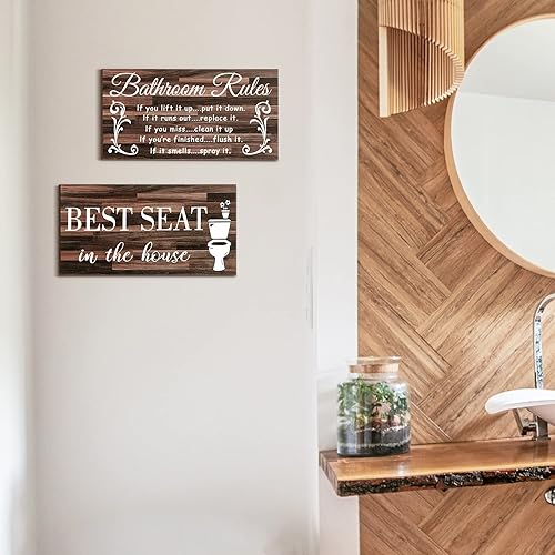Miniatura 6 de Jetec 2 piezas divertidas imágenes de baño, letrero de pared, decoración de casa de campo, regla de baño, decoración rústica, decoración de madera