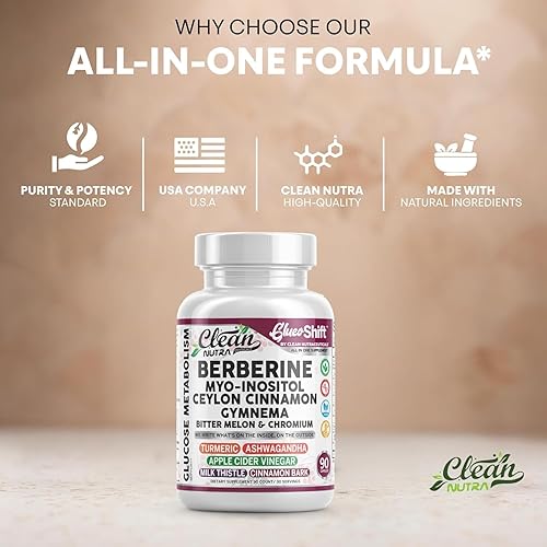 Miniatura 8 de Clean Nutra GlucoShift Berberina con mio-inositol, canela de Ceilán, gimnasio, melón amargo y cromo | Complejo de hierbas y minerales premium | 90