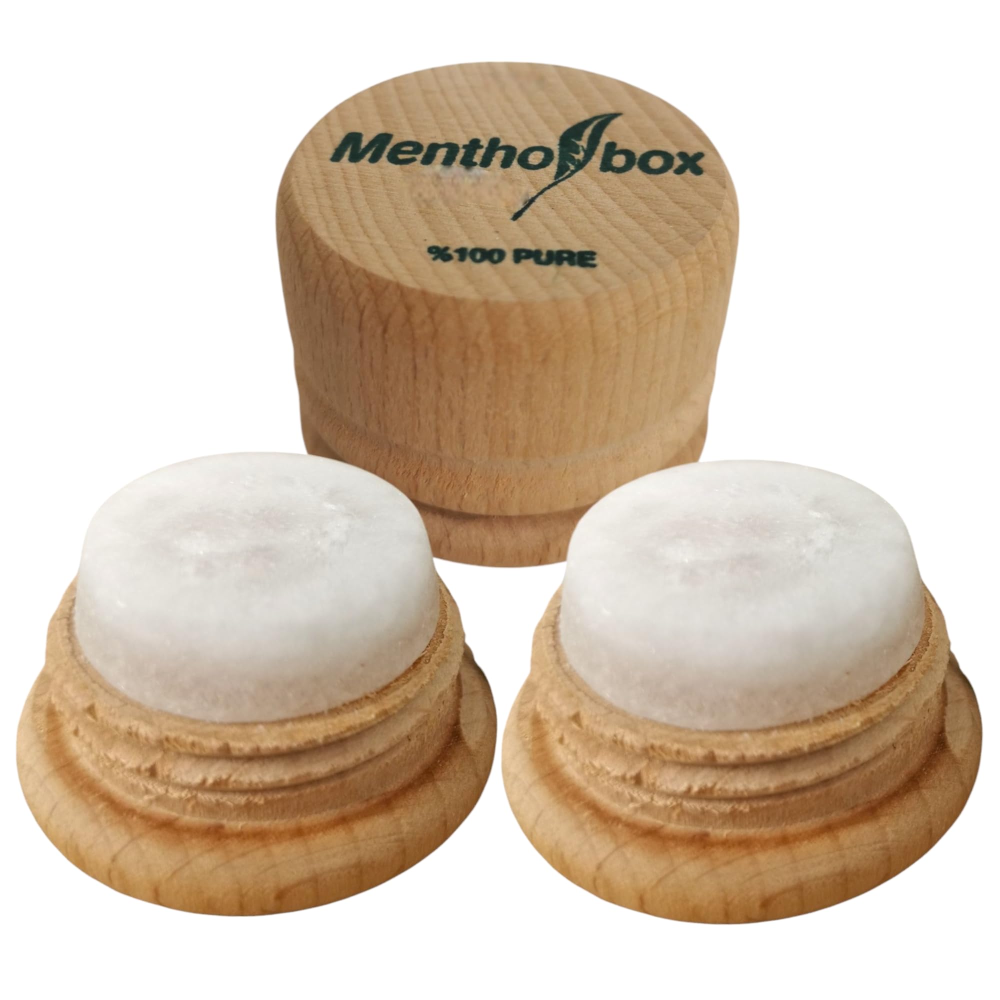 Menthol Box Menthol Stone, Migraine Stone, Spa Massage, Natural Menthol Crystals, Helps Relieve Migraines and Headaches, Round Wooden Holder with Screw Cap (2 x 6 g)