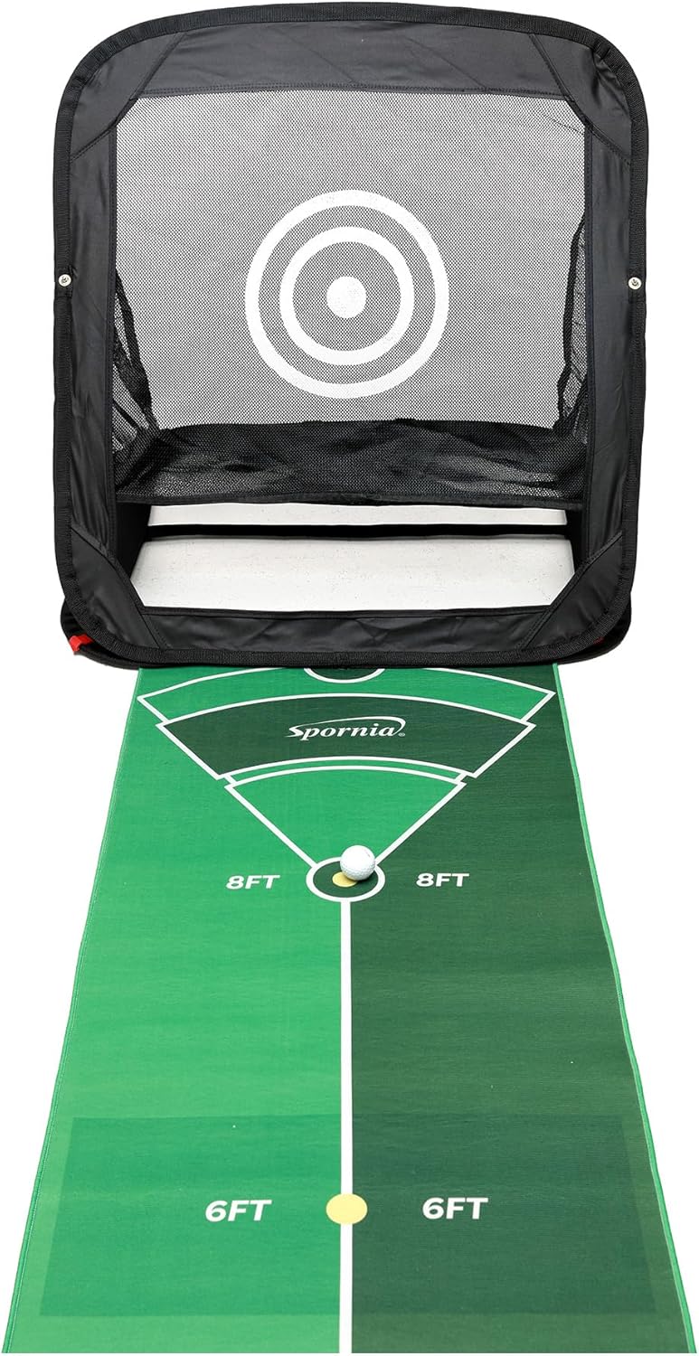 Spornia Short Game Pro – Golf Chipping Net and Putting Mat Combo – Instant Ball Return System – Dual-Sided 3x3ft Chipping Net and 10x2ft Putting Mat for Indoor/Outdoor Practice