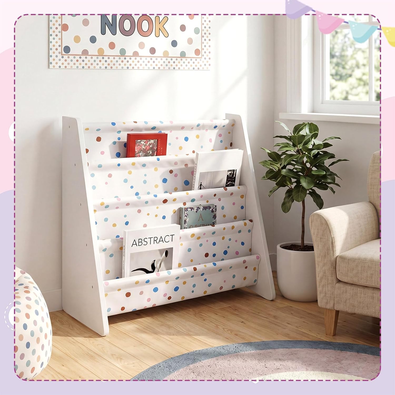 Nuanchu Polka Dot Reading Corner Decor for Classroom, 4 Tier Wooden Nursery Book Shelf with Colorful Polka Dot Pockets, 25"x11"x24" Wooden Book Rack for Back to School Library Playroom Bedroom