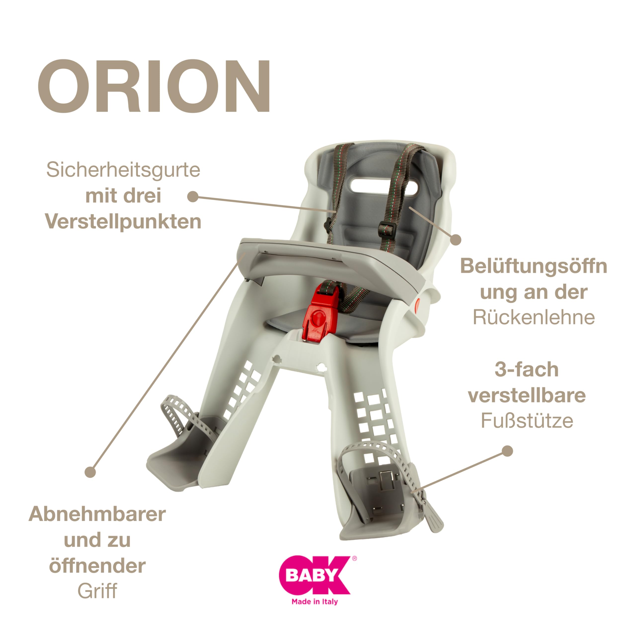 OKBABY Orion - Lenker-Kinderfahrradsitz - für Babys ab 7/8 Monaten (max. 15 kg) - Grau/Grau