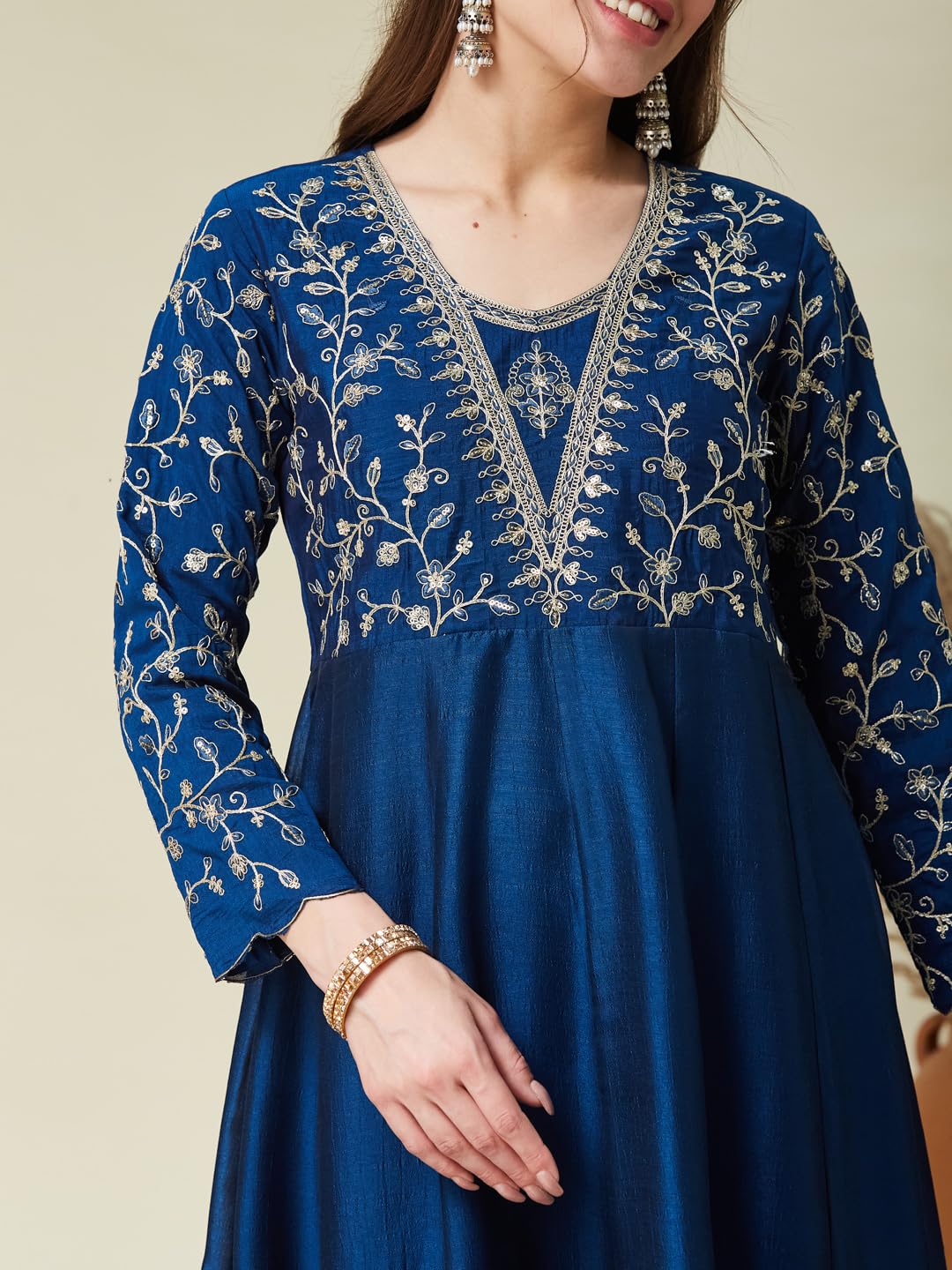 MOKOSH Women's Embroidered Teal Blue Anarkali and Pant with Dupatta Set-471-01-M - Image 3 thumbnail