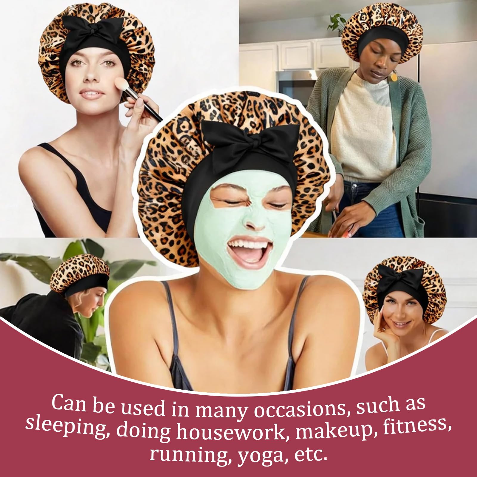 Cuffia Seta Capelli Notte, Leopardata Bonnet Seta per Capelli Ricci Lunghi e Corti, Elastico Cuffia Capelli Ricci Notte, Leopardato Bonnet Satinato con Scrunchies Hair Clip per Donna Ragazza