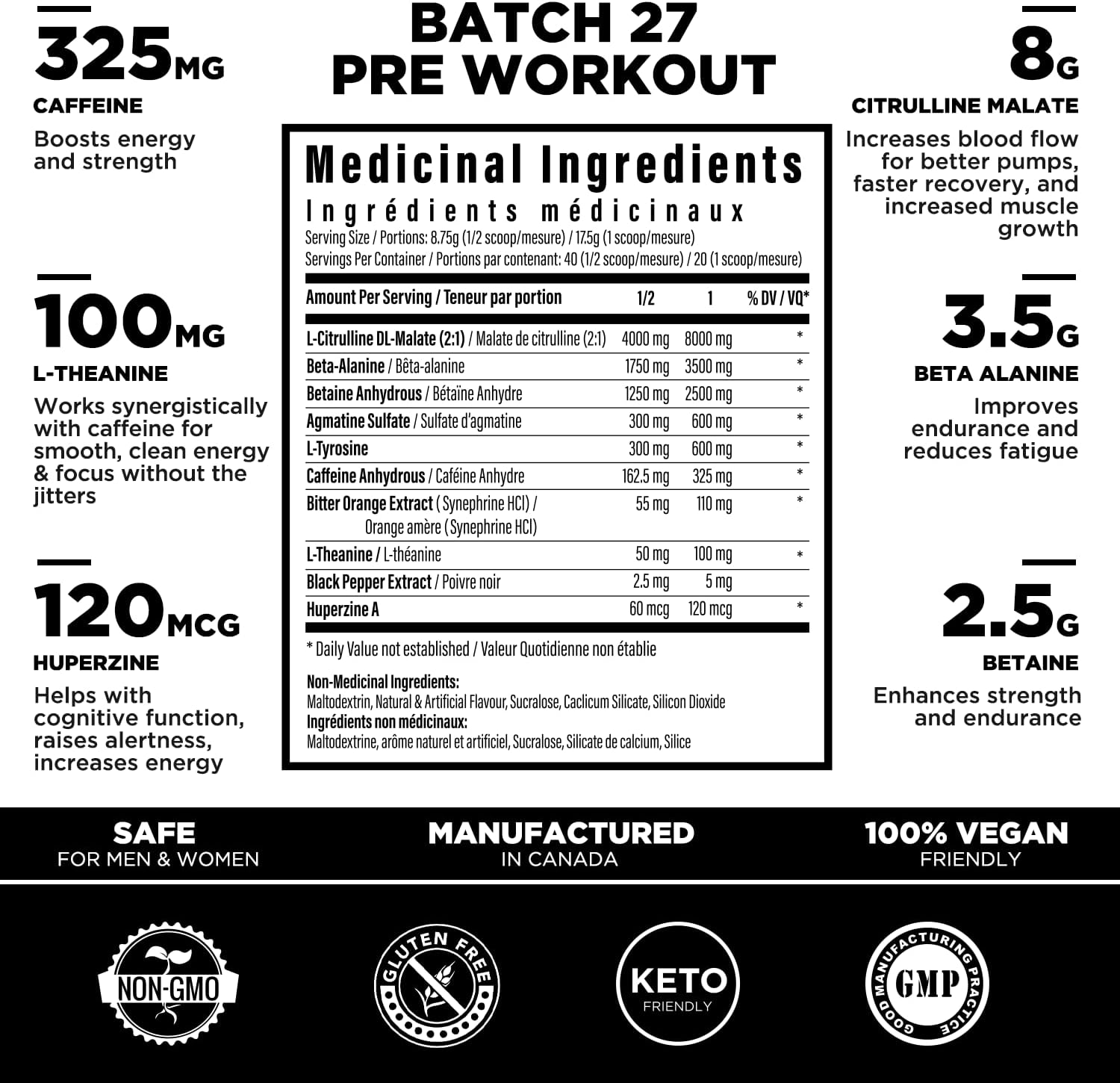 Batch 27 Pre Workout Powder - 8g Citrulline, 3.5g Beta Alanine, 2.5g Betaine