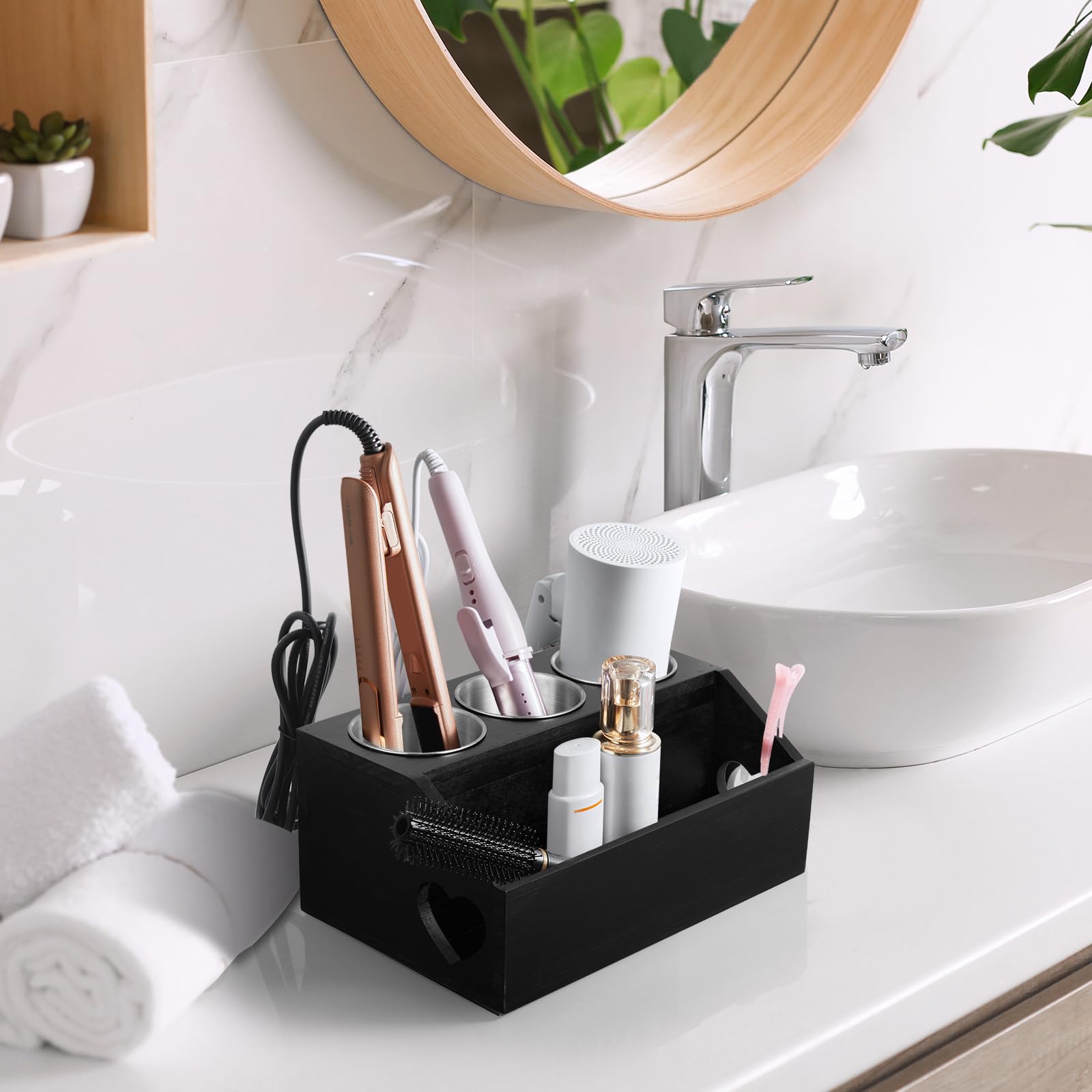 Bivvclaz Organizador de herramientas de madera para el cabello, soporte de pared para secador de pelo, organizador de herramientas calientes para encimera para accesorios de peinado, suministros de