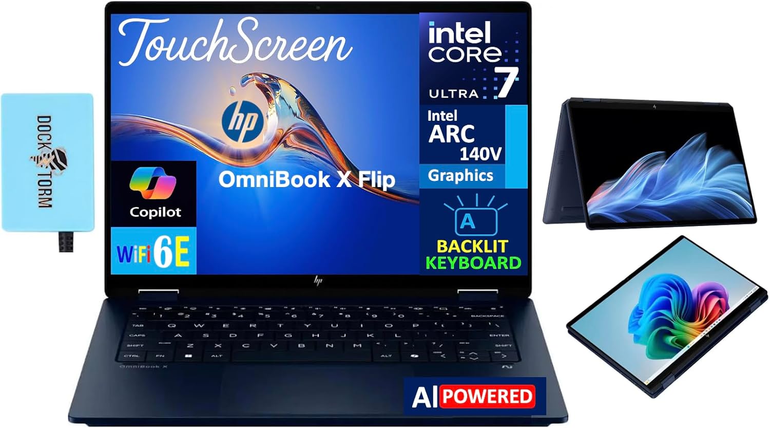 HP OmniBook X Flip 2-in-1 Copilot+ PC Laptop 14" Touchscreen 2K Display (Intel Ultra 7-256V, 16GB LPDDR5X, 2TB PCIe SSD, Backlit KB, Thunderbolt 4, Win 11 Pro) w/DKZ USB Port Expander
