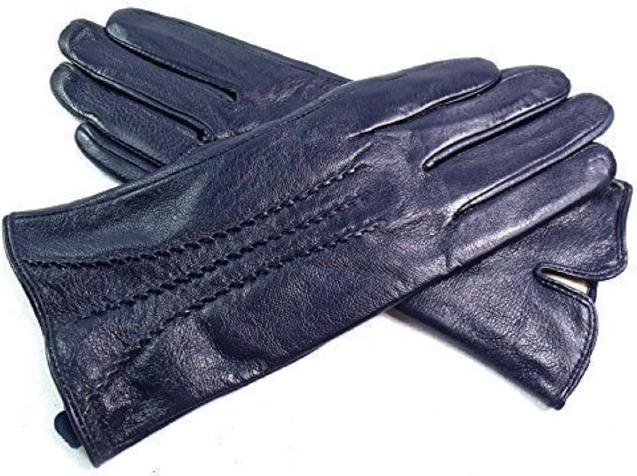 The Leather Emporium Women's Gloves Fur Lined Stripe Detail Slim Fit Medium Navy