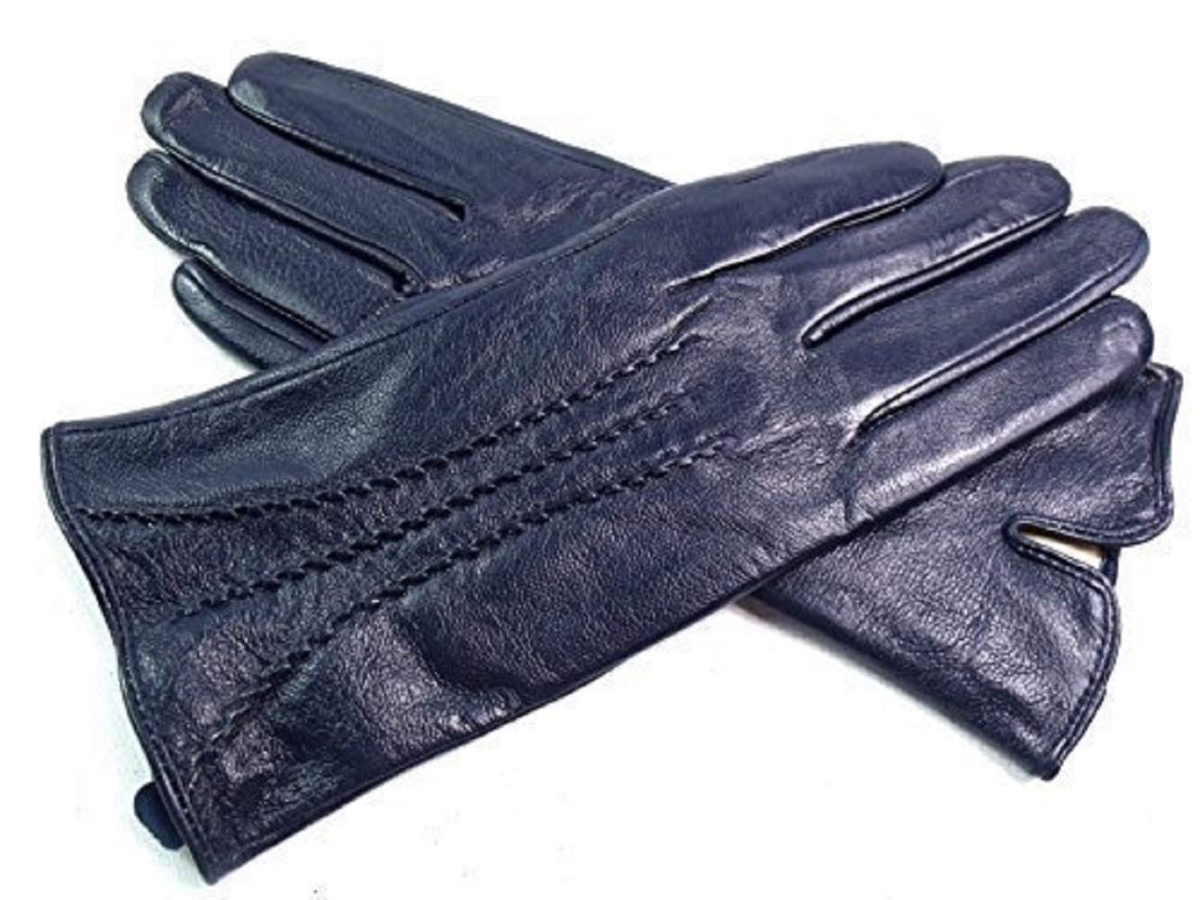 The Leather Emporium Women's Gloves Fur Lined Stripe Detail Slim Fit Medium Navy
