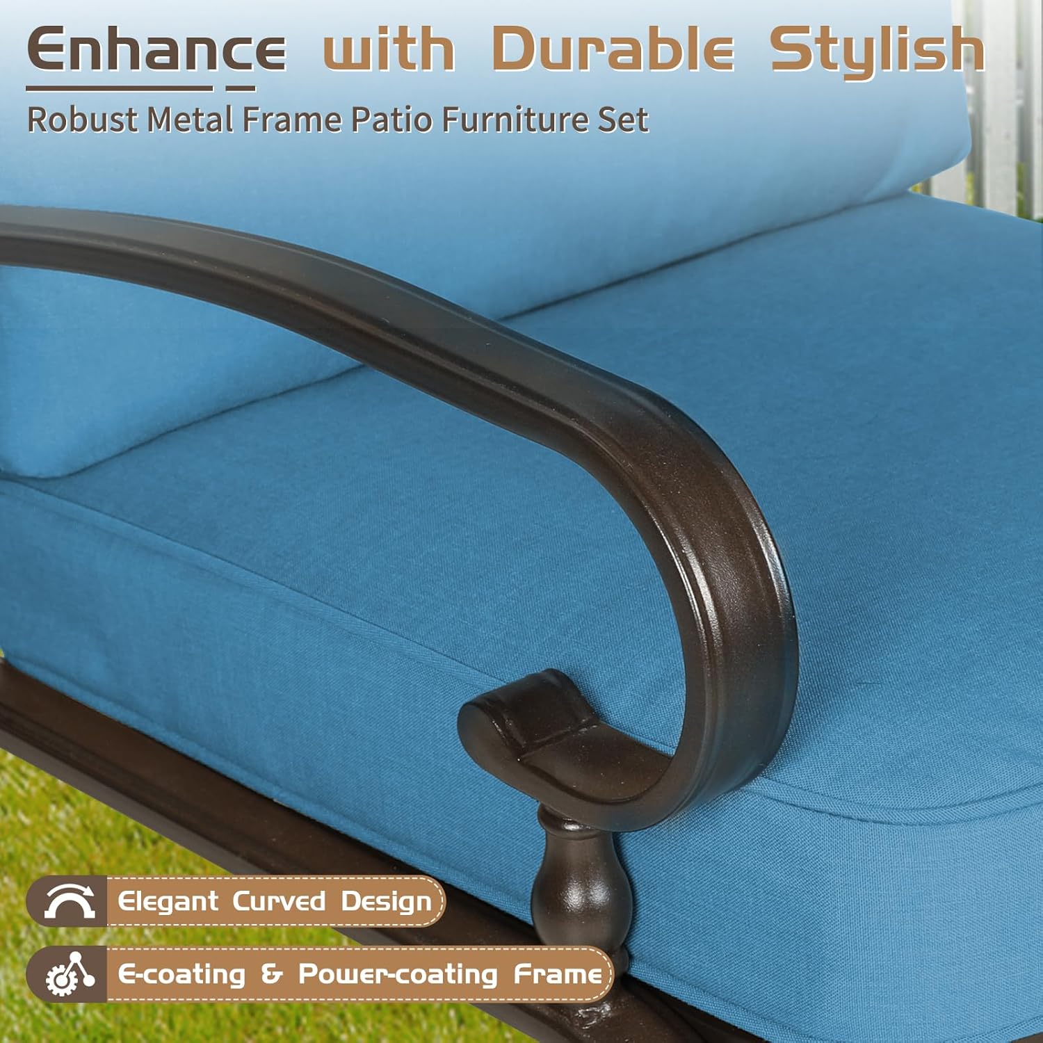 5Pcs Outdoor Furniture Patio Conversation Sets Loveseat, 2 Motion Spring Chairs with Coffee Table, Metal Frame Chair Set (Peacock Blue)