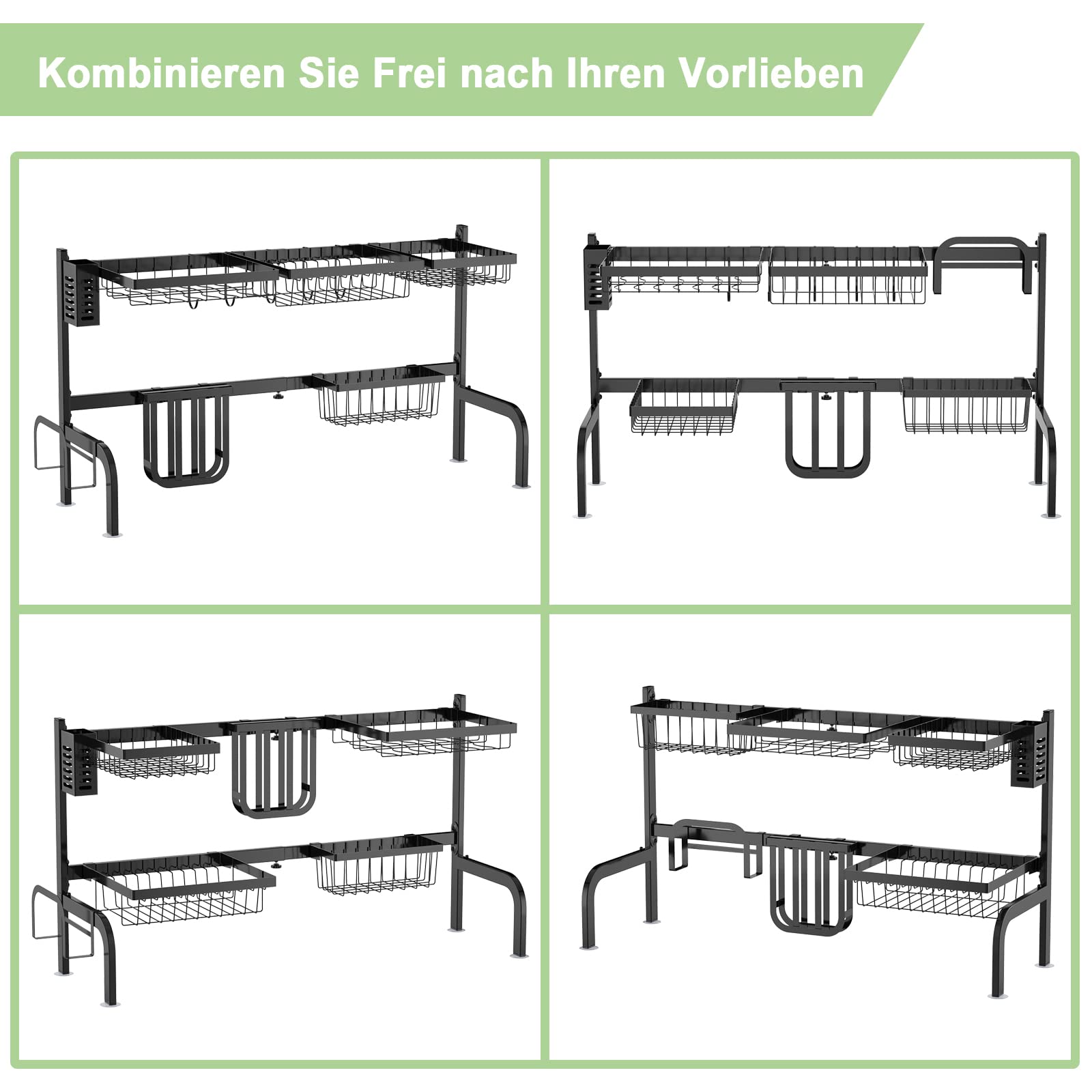 COSTWAY Abtropfgestell für die Spüle, 2-stöckiges Geschirrregal, Breite verstellbar: 53-99cm, Abtropfständer mit Utensilienhalter & Haken, Geschirrabtropfgestell für Küchentheke, Schwarz