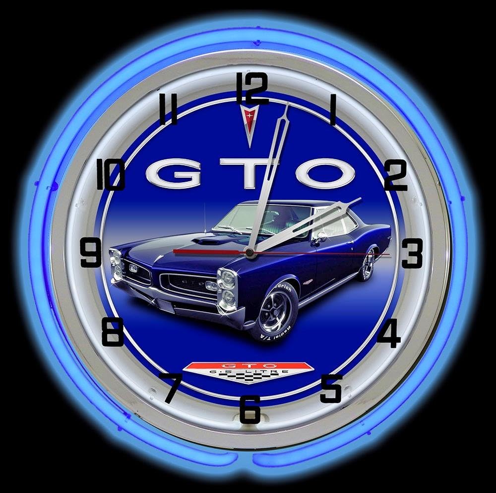 Pontiac GTO 18" Blue Double Neon Garage Clock, Vintage Car Clock, Muscle Car Clock, Pontiac Clocks, Light Up Garage Clock