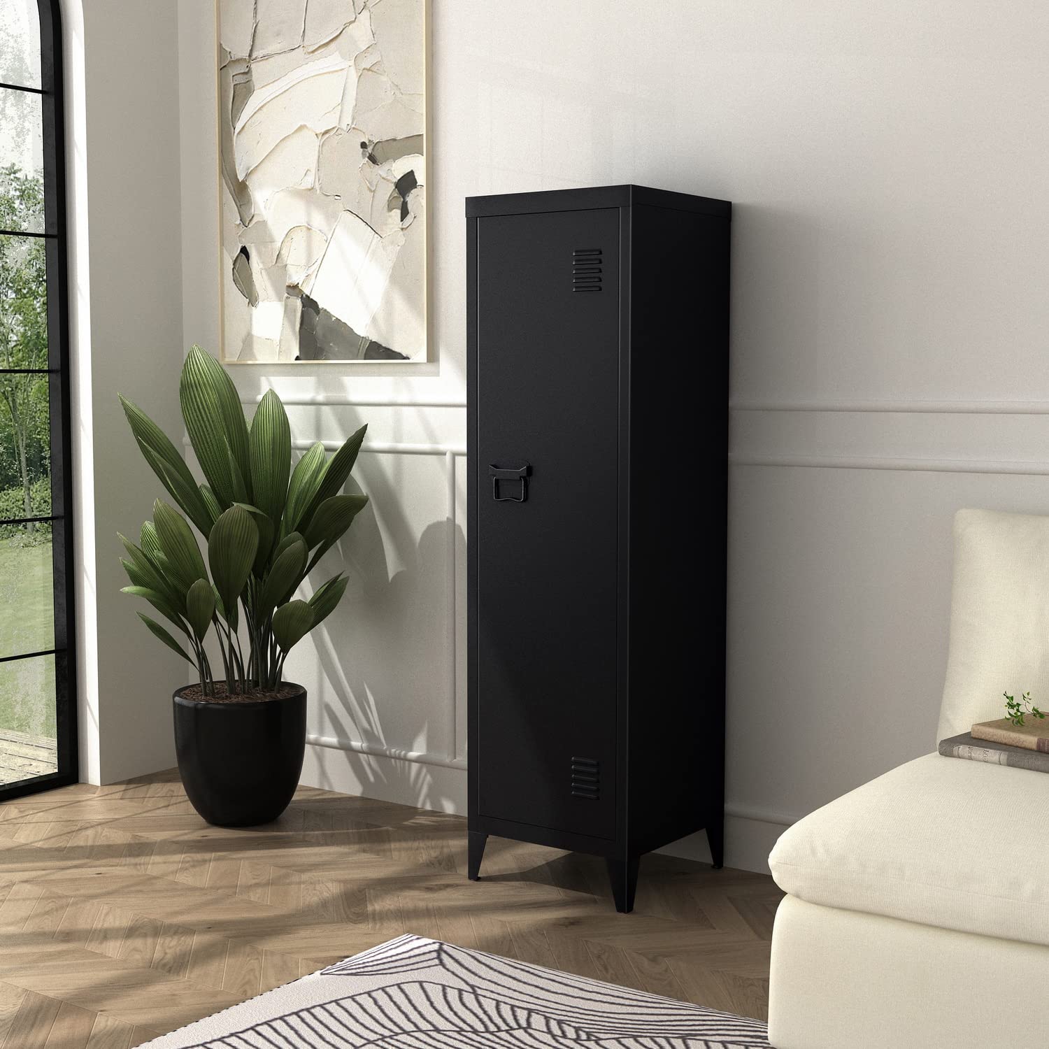FurnitureR Almacenamiento Carpetas con Cerradura, Armario de Metal, Todo en Hierro, con Puertas Planas, 3 Compartimentos Grandes, para Garaje, Oficina, Color Negro, 38.5 x 38.5 x 137.5cm