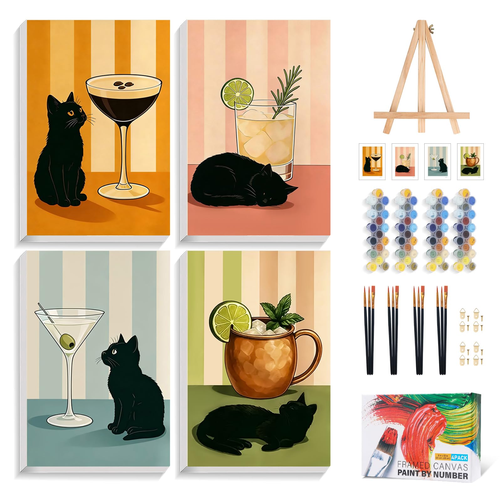 4 Pack Framed Paint by Numbers for Adult with Wooden Easel, Black Cat Cocktail Paint by Number Kits on Canvas for Beginners, DIY Acrylic Painting Set for Stress Relief & Home Wall Decor 8x12 Inch