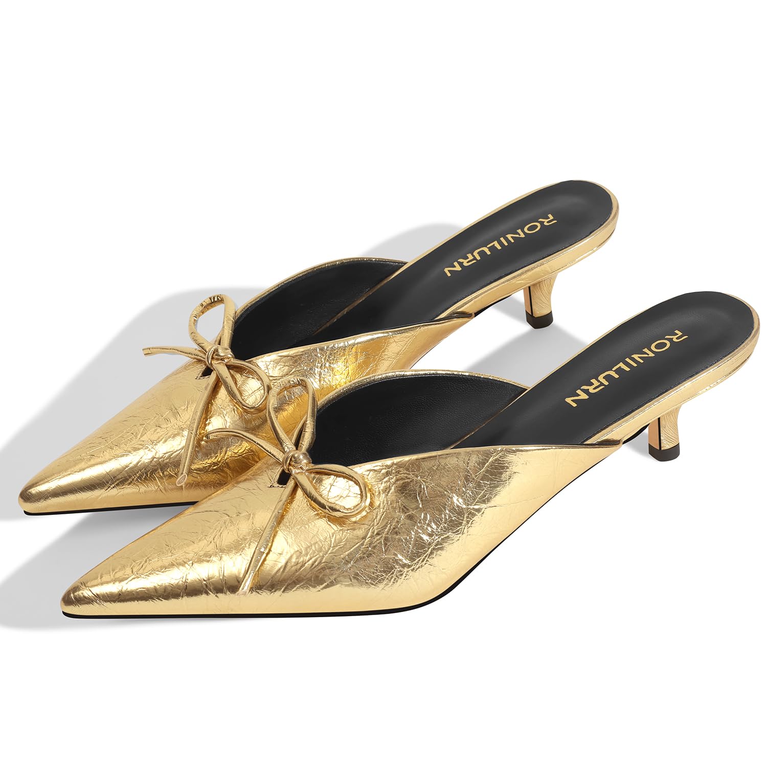 RONILURN Kitten Heels for Women Heeled Mules Stiletto Pumps Bow Closed Toe Pointed Toe Low Heel Slip on Fashion Metallic Backless Prom Party Dressy