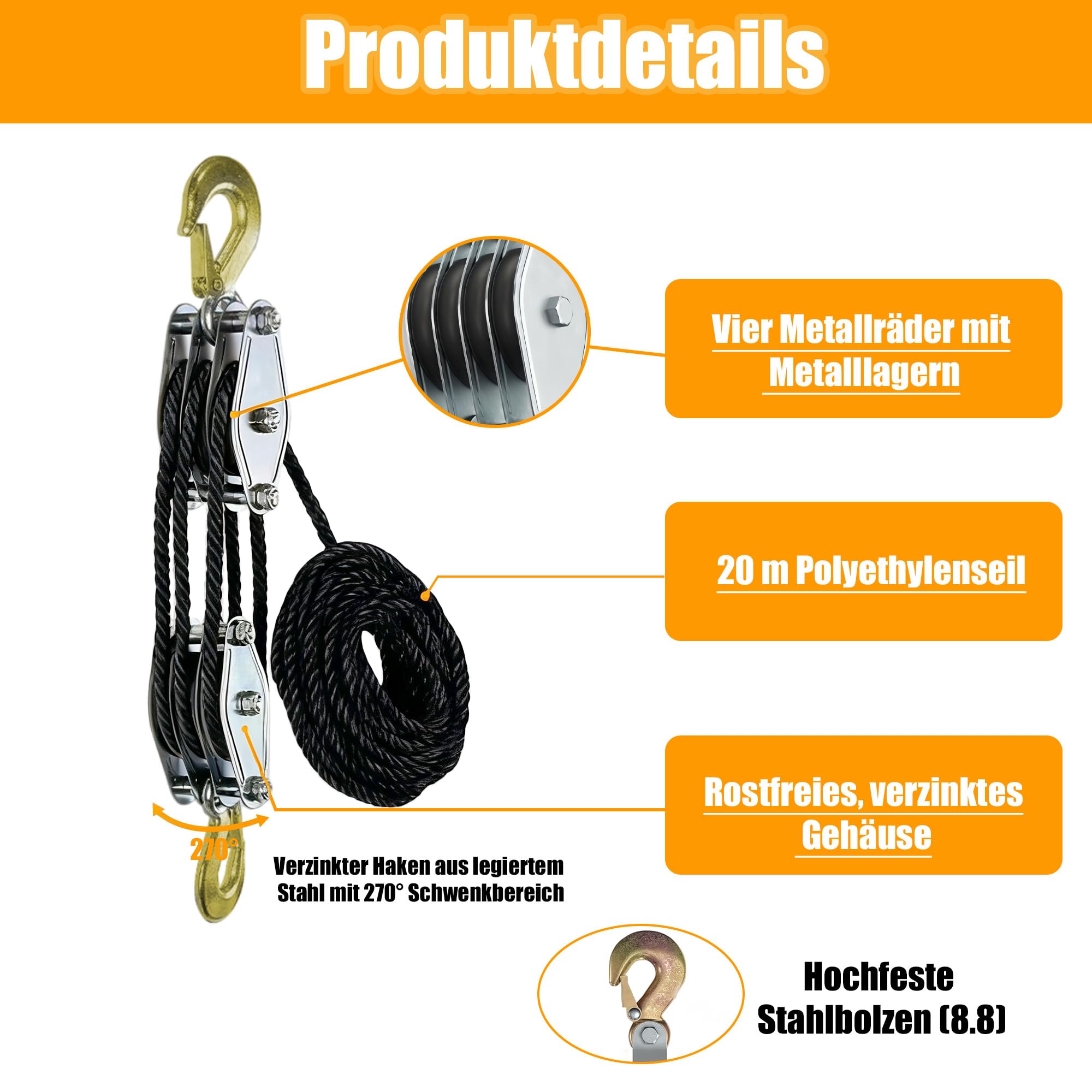 Palan économiseur de travail avec frein à corde : 2000 kg max et force de levage 8:1, palan avec corde et crochet pour garages et chantiers industriels, Noir