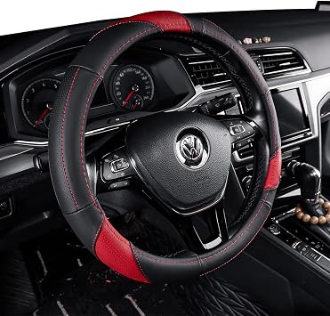 EKR Universal 15 inch Leather Steering Wheel Cover - Genuine Leather, Breathable, Anti Slip & Odor Free Black/Red, M14" 1/2-15" 1/4