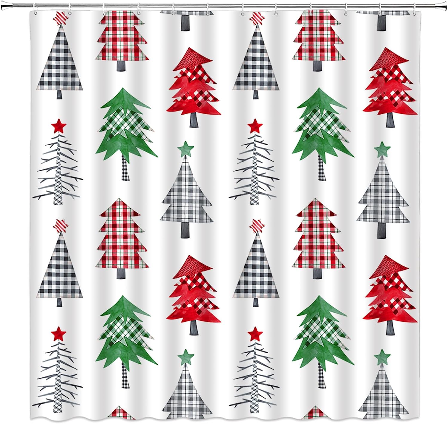 Christmas Tree Shower Curtain Red Green Gray Xmas Tree Checkered Plaid Star Winter Holiday Teens Festiaval Extra Long Bathroom Decor Curtain with Hooks,70" Wx78 H