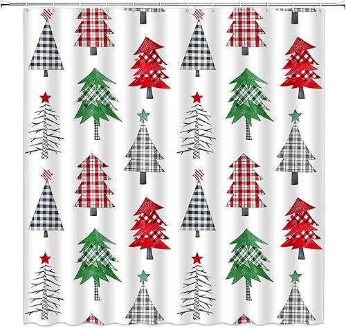 Cortina de ducha de Navidad, diseño rústico de búfalo a cuadros, árbol de Navidad, granja, invierno, vacaciones, tela de poliéster con ganchos