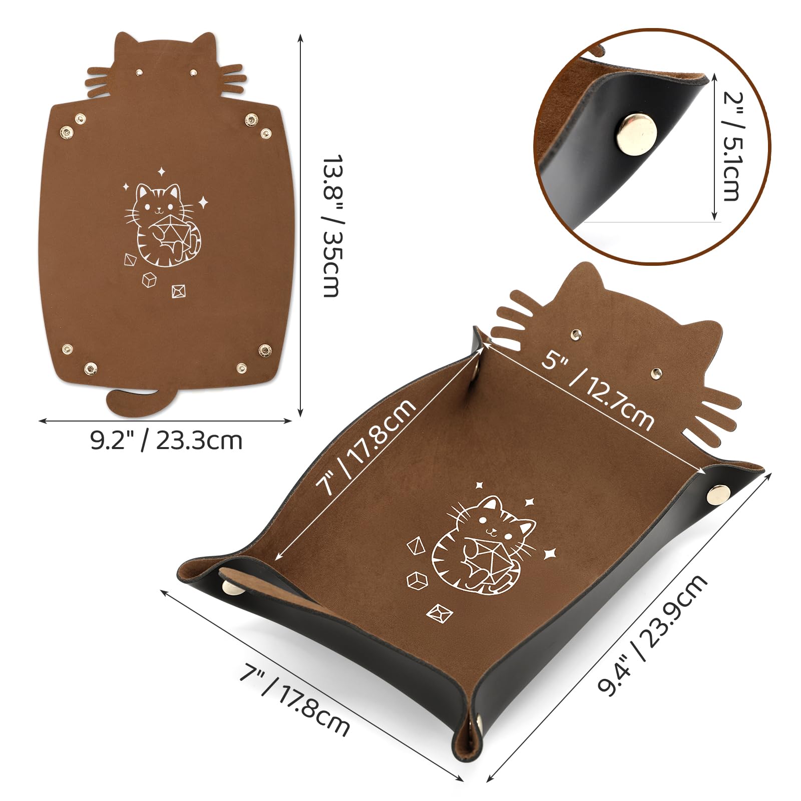 Würfeltablett mit Katzenmotiv, Faltbarer Würfelhalter aus Leder, tragbarer Würfelaufbewahrungs-Organizer, lustiges Geschenk für DND-RPG-Spieler (Braun)