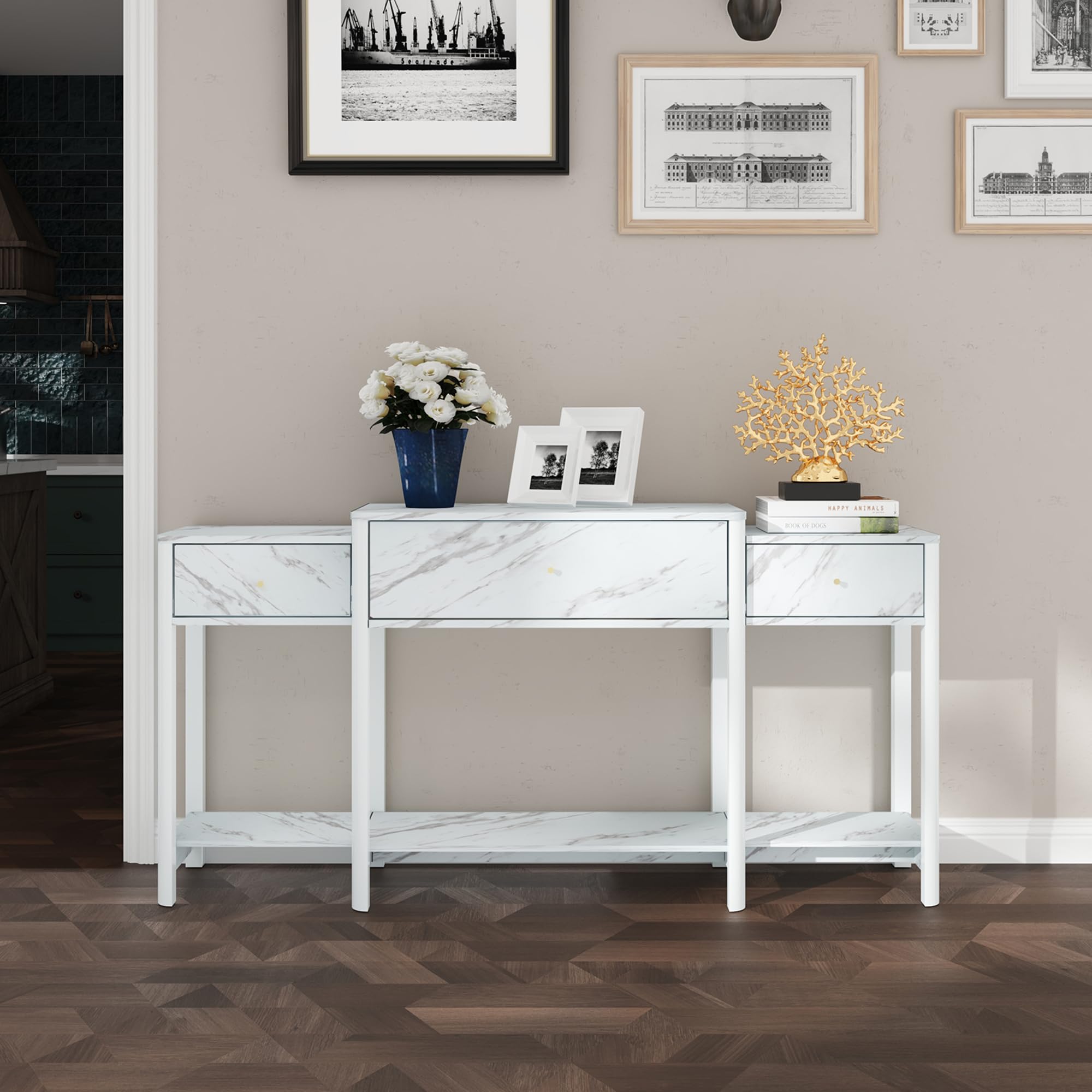 Table d'entrée avec 3 tiroirs en bois - Table console moderne pour le hall d'entrée, organisateur de rangement pour couloir, table d'appoint moderne avec étagère inférieure (blanc marbré)
