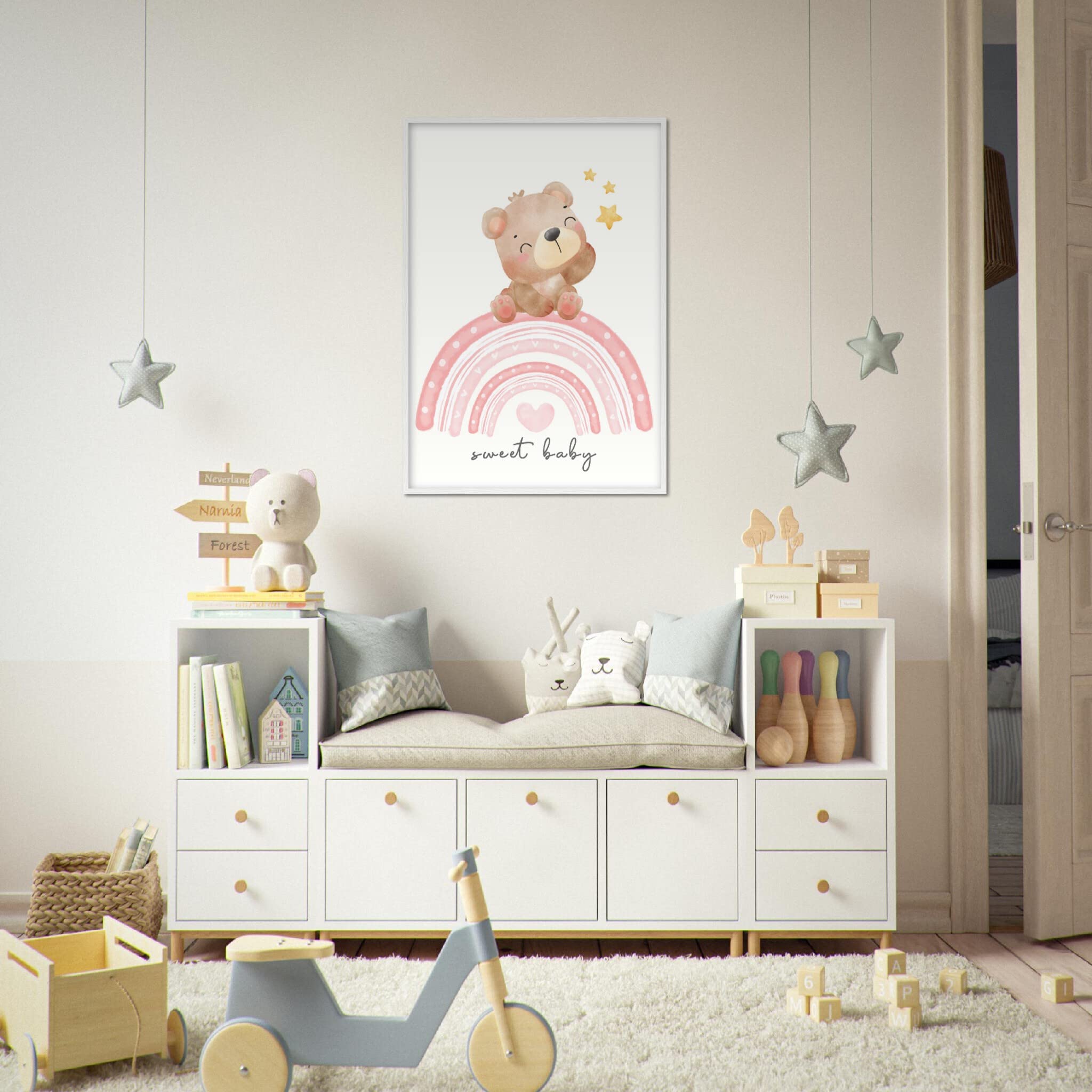 Art mural enfant Teddy Rainbow pour une chambre bébé douce