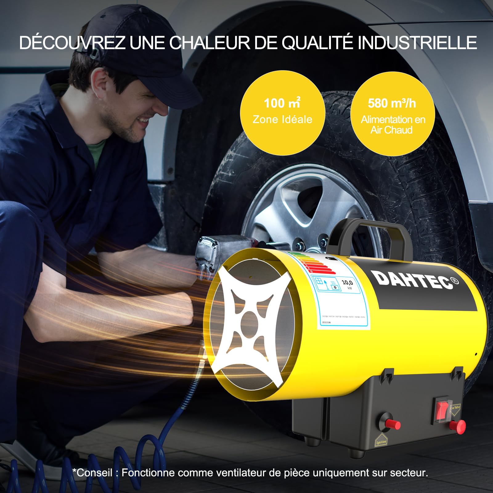 Chauffage d'appoint Gaz 10 kW Canon à Chaleur Radiateur Soufflant à Gaz Chauffage Radiant Souffleur d'air Chaud de Chantier, Jaune