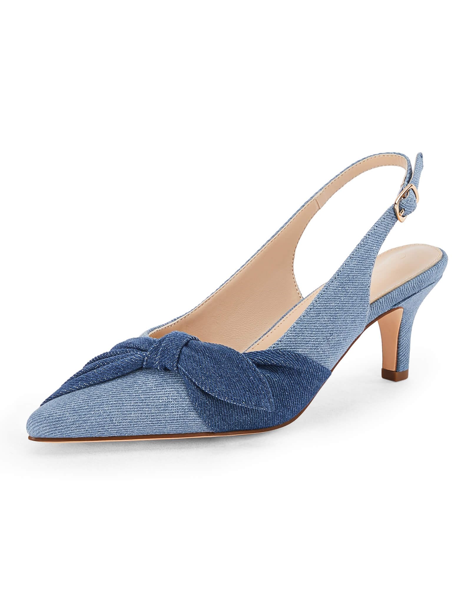 Coutgo Womens Bow Heels Slingback Pumps Low Kitten Heels Closed Pointed Toe Sandals Denim Dress Shoes