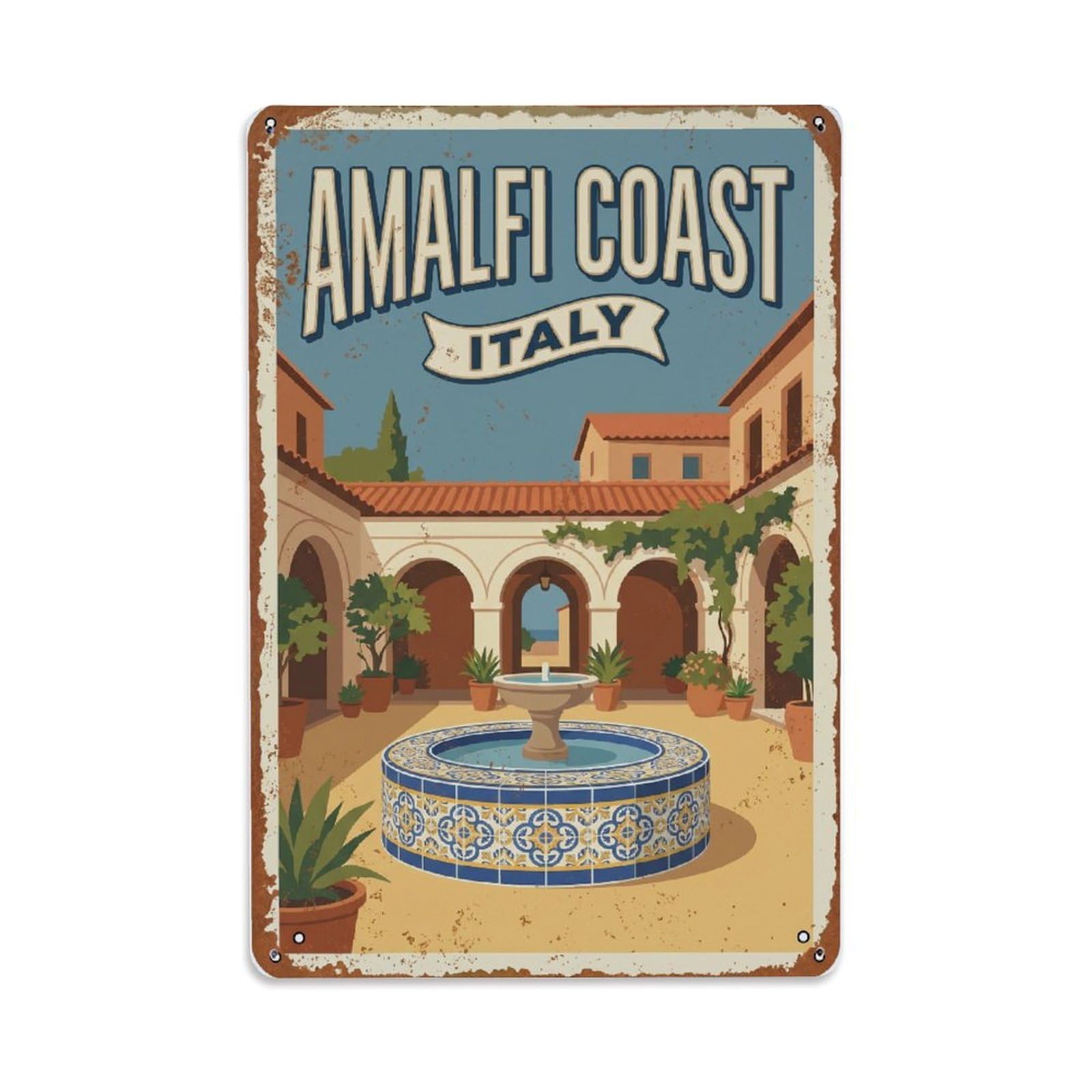 Fqnyr Style Vintage Travel Courtyard Italy Fountain Metal Tin Sign Plaque Wall Decor For Cafe, Club Bar, Office, Home Garden Metal Poster 8X12inch
