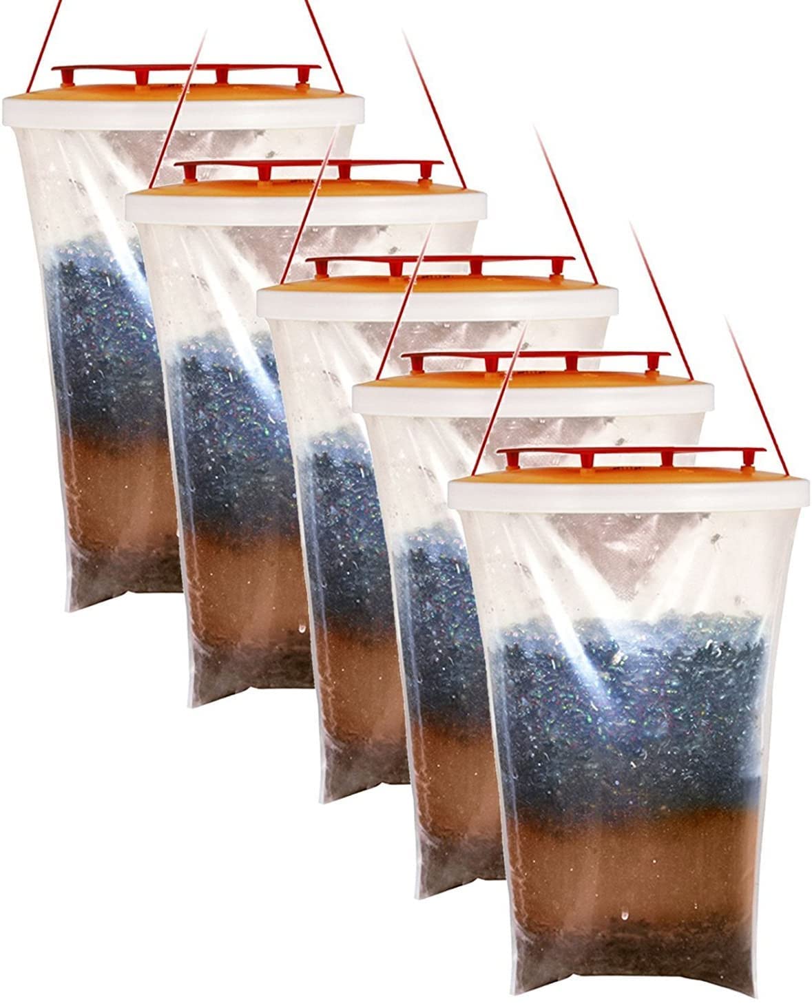 Redtop Fly Trap Transparent Hanging Fly Catchers Red Top Non-Toxic Disposable with Fly Bait Fly Killer Repellent for outdoor garden, farm, horse barn paddocks traps & kills up to 20,000 flies (5)