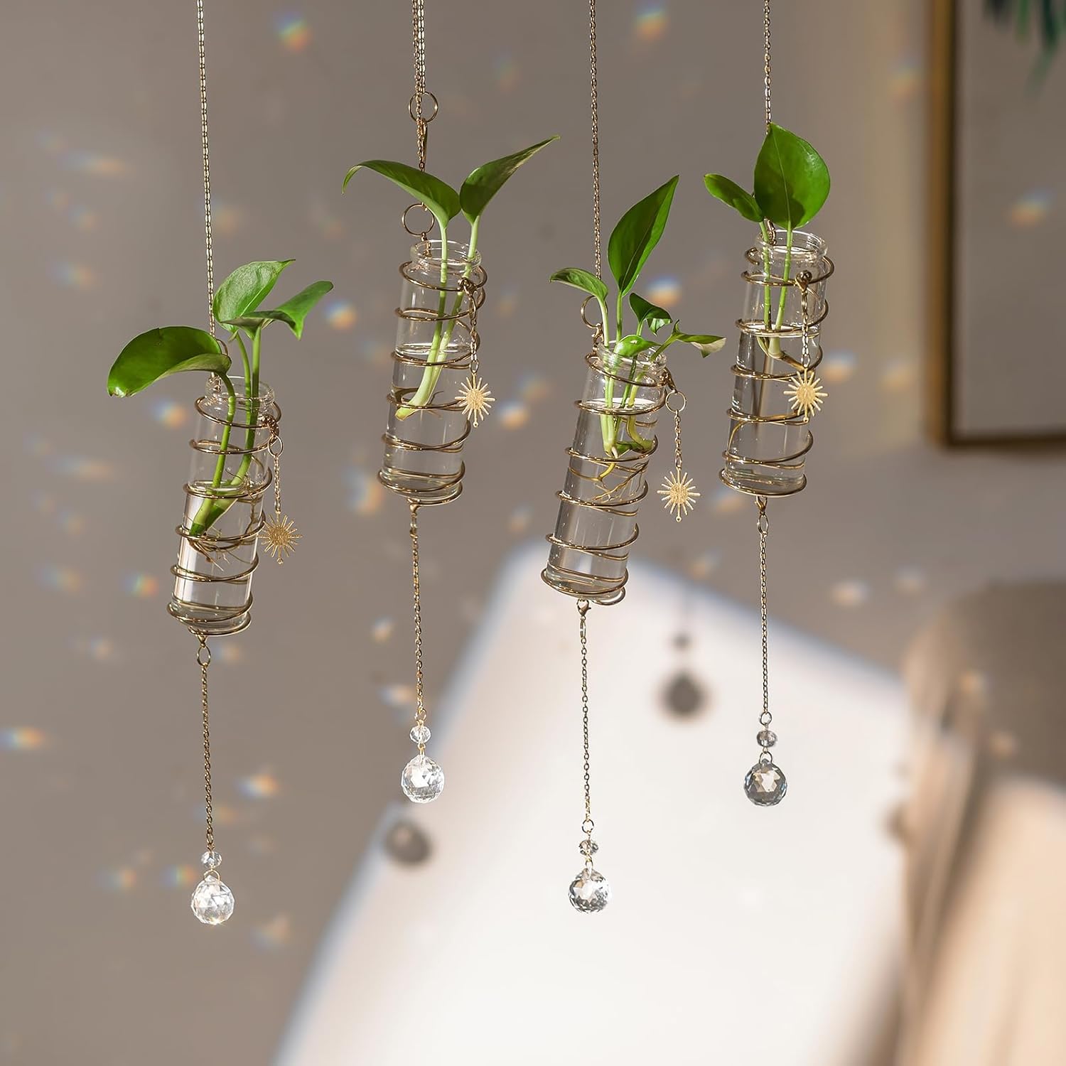 Glasseam Hanging Propagation Stations with Crystal Suncatchers Glass Wall Planters for Indoor Plants Hydroponics - 4Pcs Propagation Tubes Jars with Metal Chain for Home Decor - Unique Gift for Women