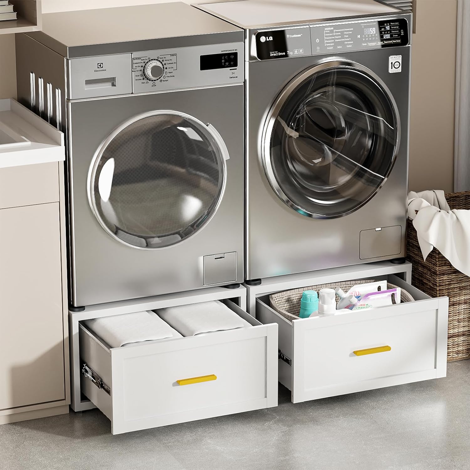 2 Pack Heavy Duty Washer and Dryer Pedestals, 28" W Metal Universal Laundry Pedestal, 440LBS Washer Pedestal with Drawer, Laundry Pedestal for Washer and Dryer, White