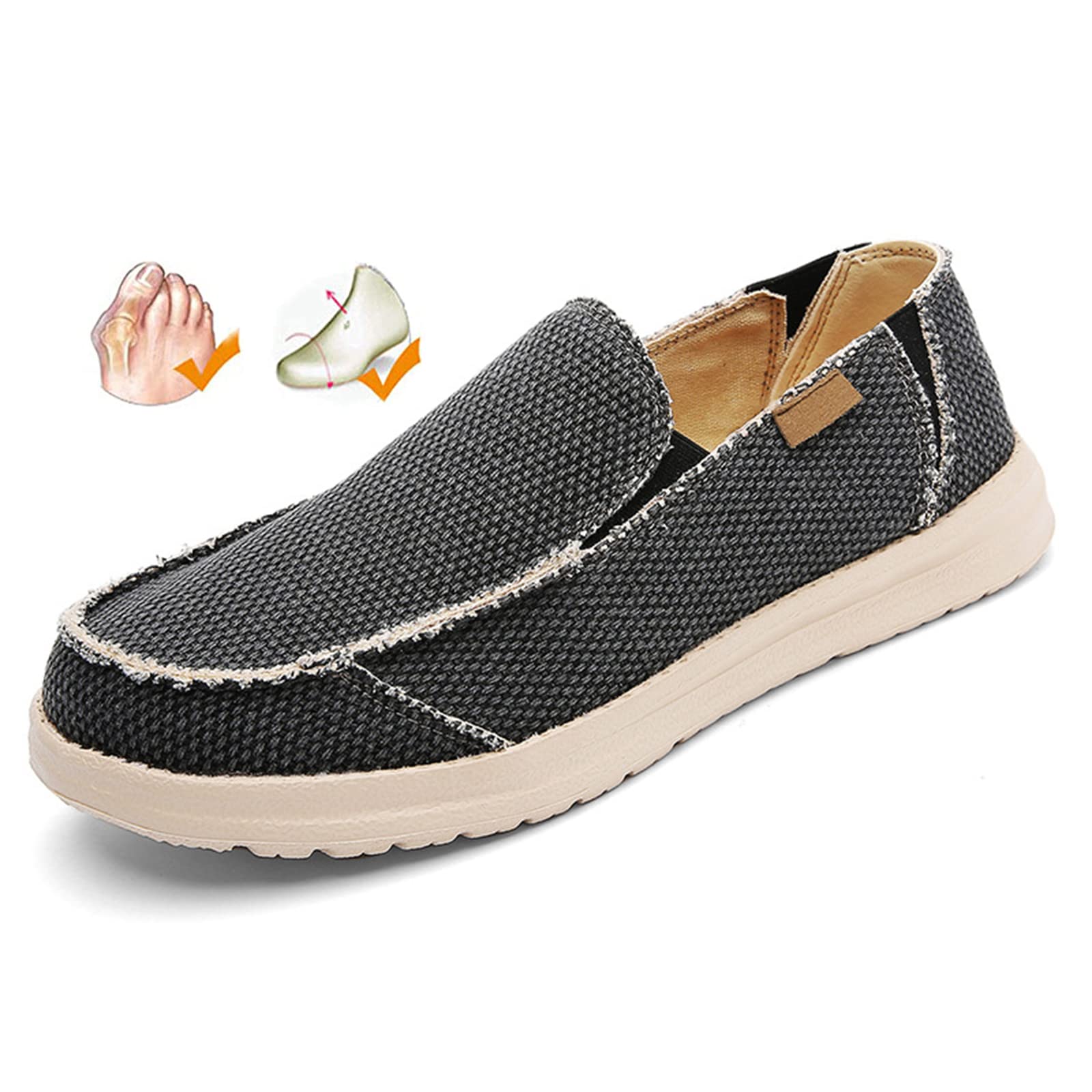 PTKG Men's Casual Canvas Shoes Lightweight Loafer Slip on Boat Footwear Wide Fit Sneakers for Swollen Feet Diabetic Breathable Outdoor Walking Loafers,black,44EU