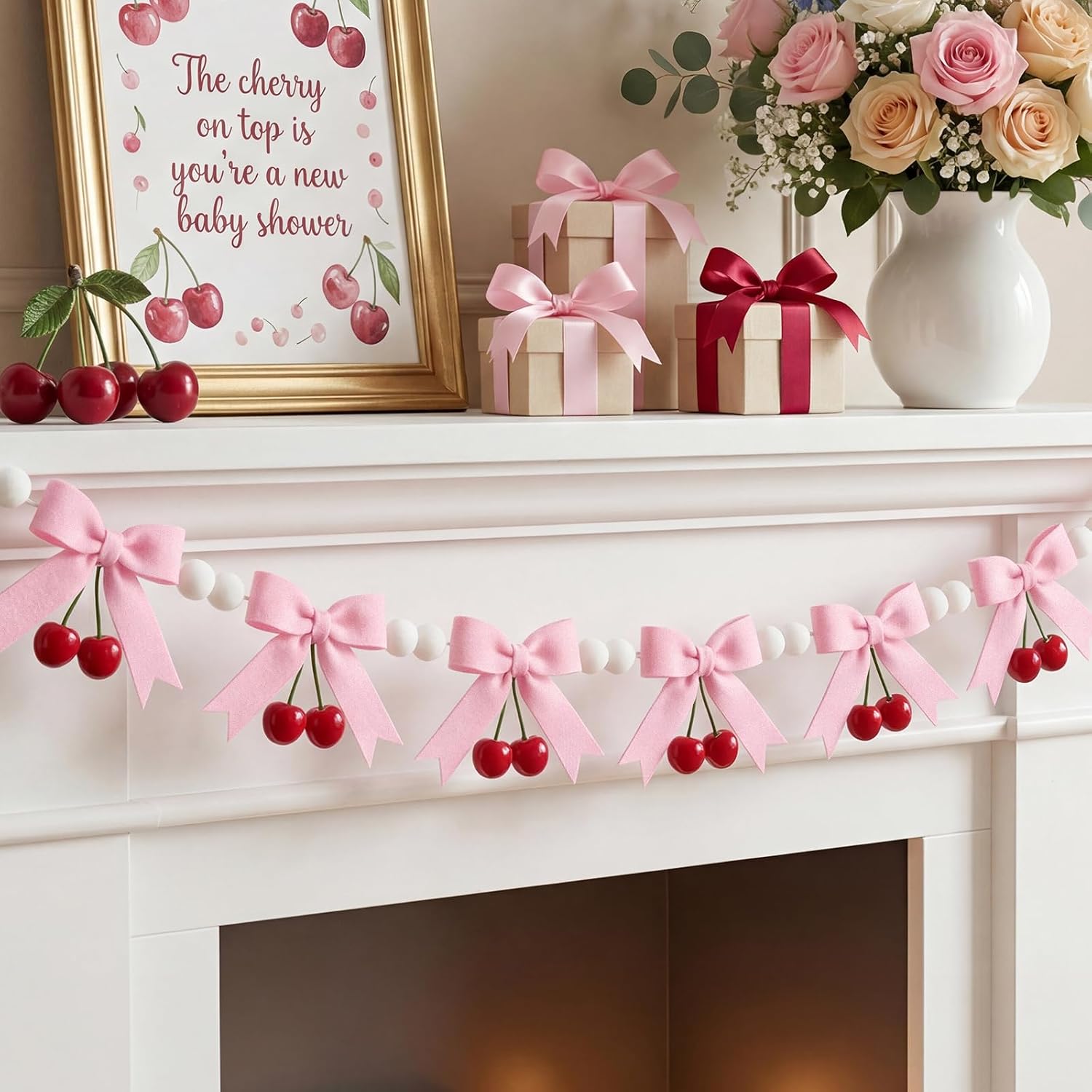 2-Pack 8ft Pink Cherry Bow Felt Garland, Coquette Aesthetic Nursery Decor, Handmade Wool Banner for Girls First Birthday, Baby Shower, Spring Party Decorations, Mantel Wall Hanging