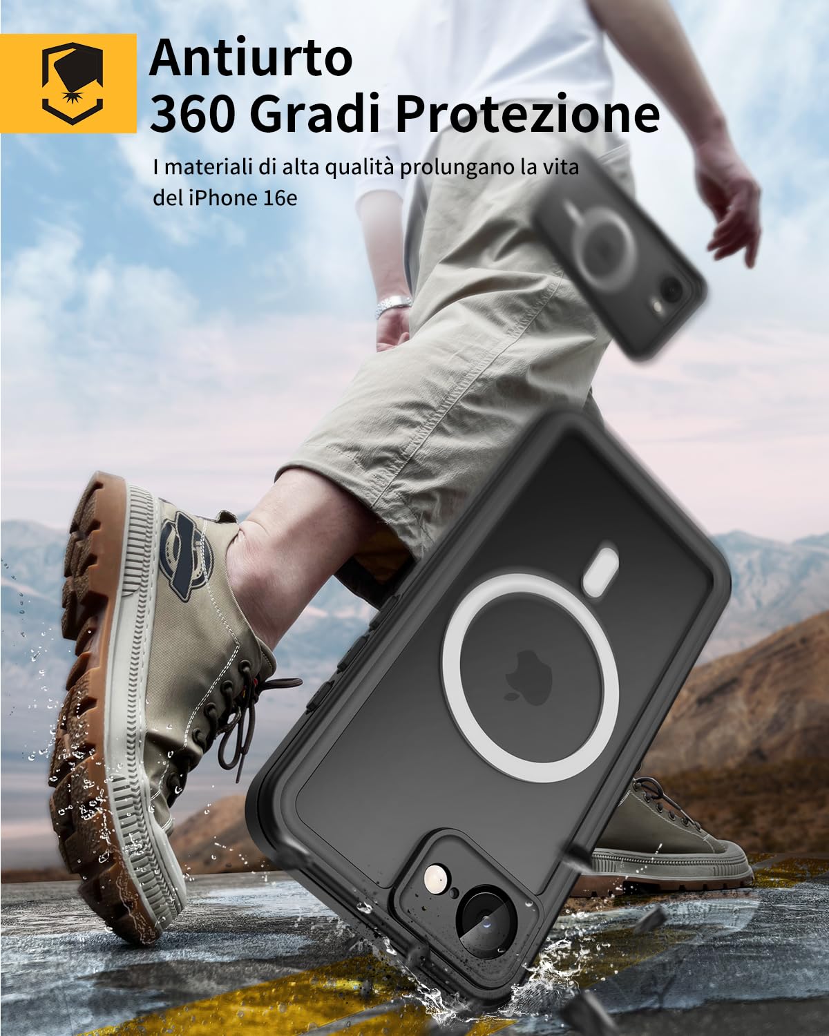 Lanhiem Cover per iPhone 17E 16E impermeabile – Antiurto [compatibile con MagSafe] Infrangibile 360 integrale IP68 Waterproof Chantier antipolvere per iPhone 17E 16E,Nero
