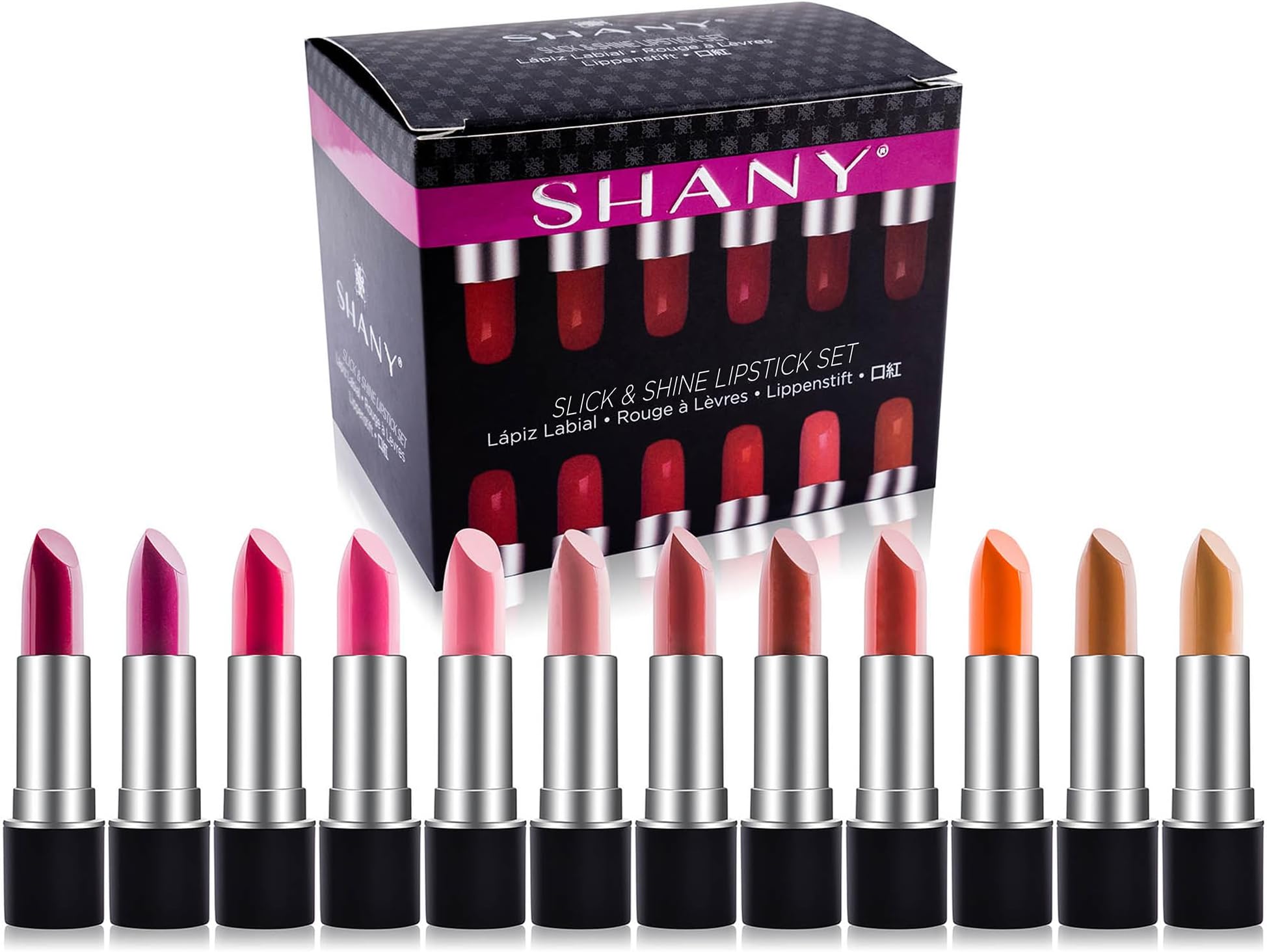 SHANY Slick and Shine Multicolored Lipstick Set 12 Matte Lip Colors Long Lasting Hydrating Lip shades with Vitamin E and Aloe Vera in for Smooth Creamy Lip contour and Everyday Makeup Use – Matte