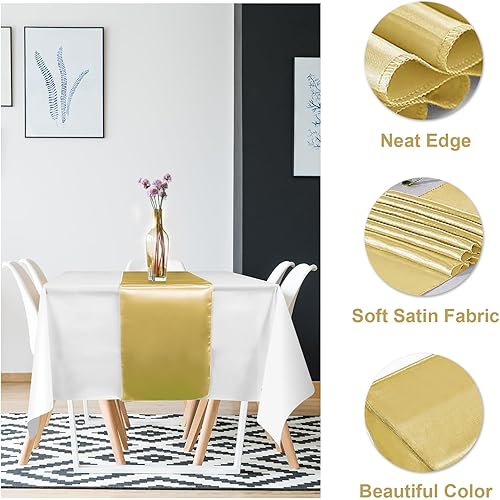 Miniatura 3 de Juego de 12 manteles de satén de 12 x 108 pulgadas y manteles de plástico de 54 x 108 pulgadas, manteles rectangulares desechables color blanco y