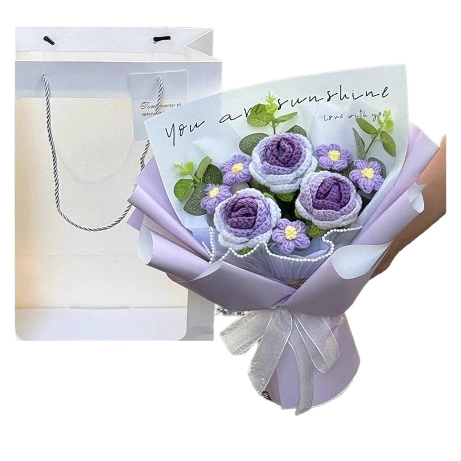 FCfpxwtz Artificial Crochet Flower, Handmade Crochet Flower Bouquet Gift Bag Multicolor for Valentine's, Mother's, Birthday(Purple-c)