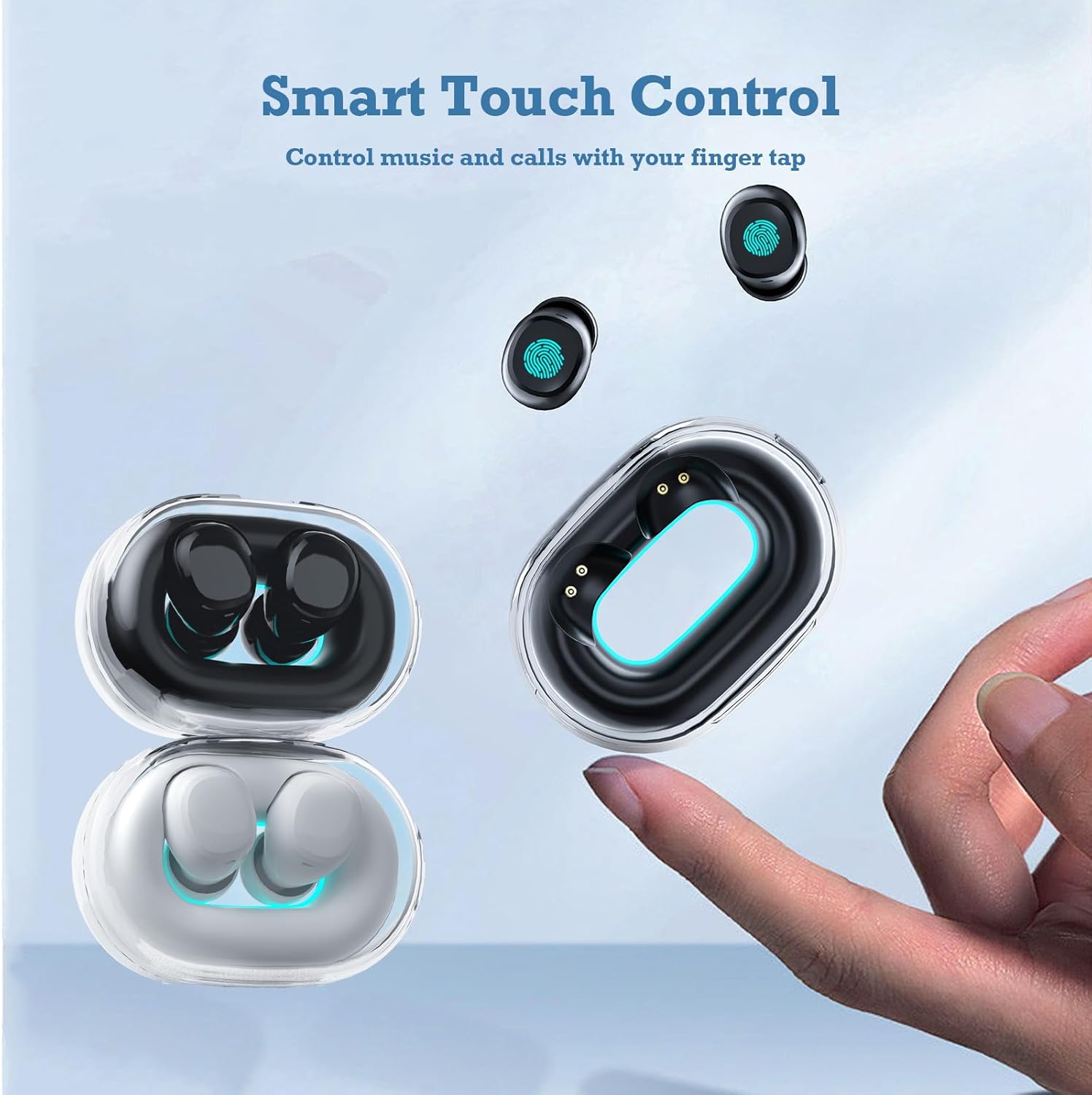 Hand touching an Xmenha Y9 earbud, demonstrating smart touch controls for music and calls.