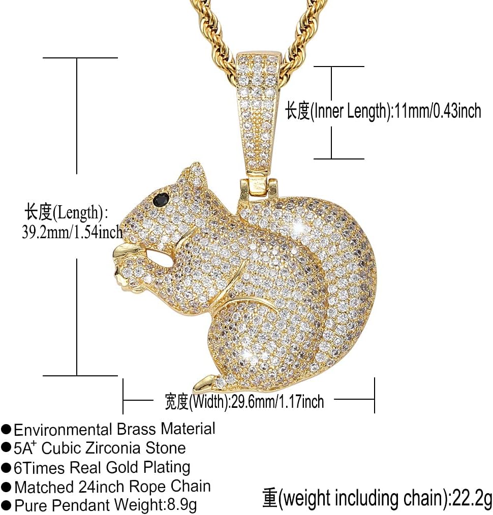 Jewelry Cute Squirrel Pendant Necklace Pave 5A+ CZ Stone Gold Silver Color Hip Hop Crystal Animal Necklace for Men Women with 24 Inch Rope Chain
