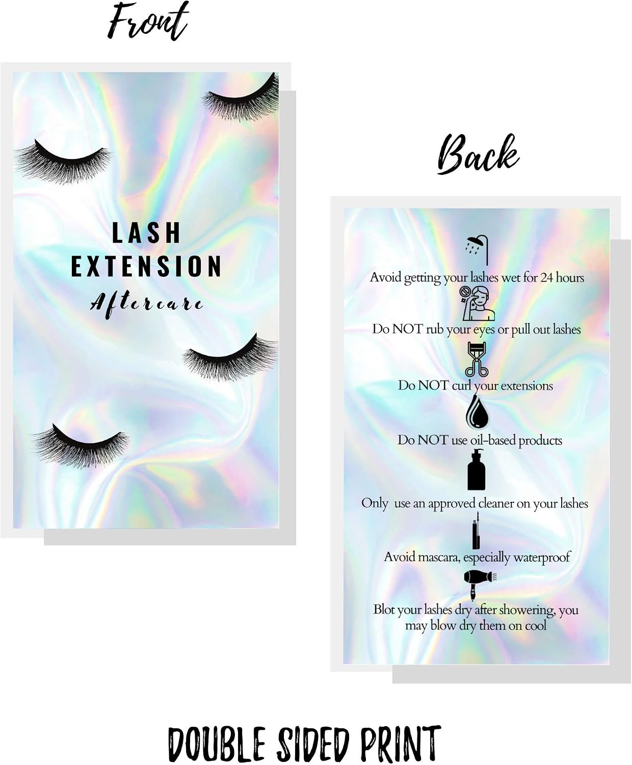 Boutique Marketing LLC Lash Extension Aftercare Instructions Cards,50 Pack,Double Sided Size 3.5 x 2 inch inches After Care,Holographic Look with Icons