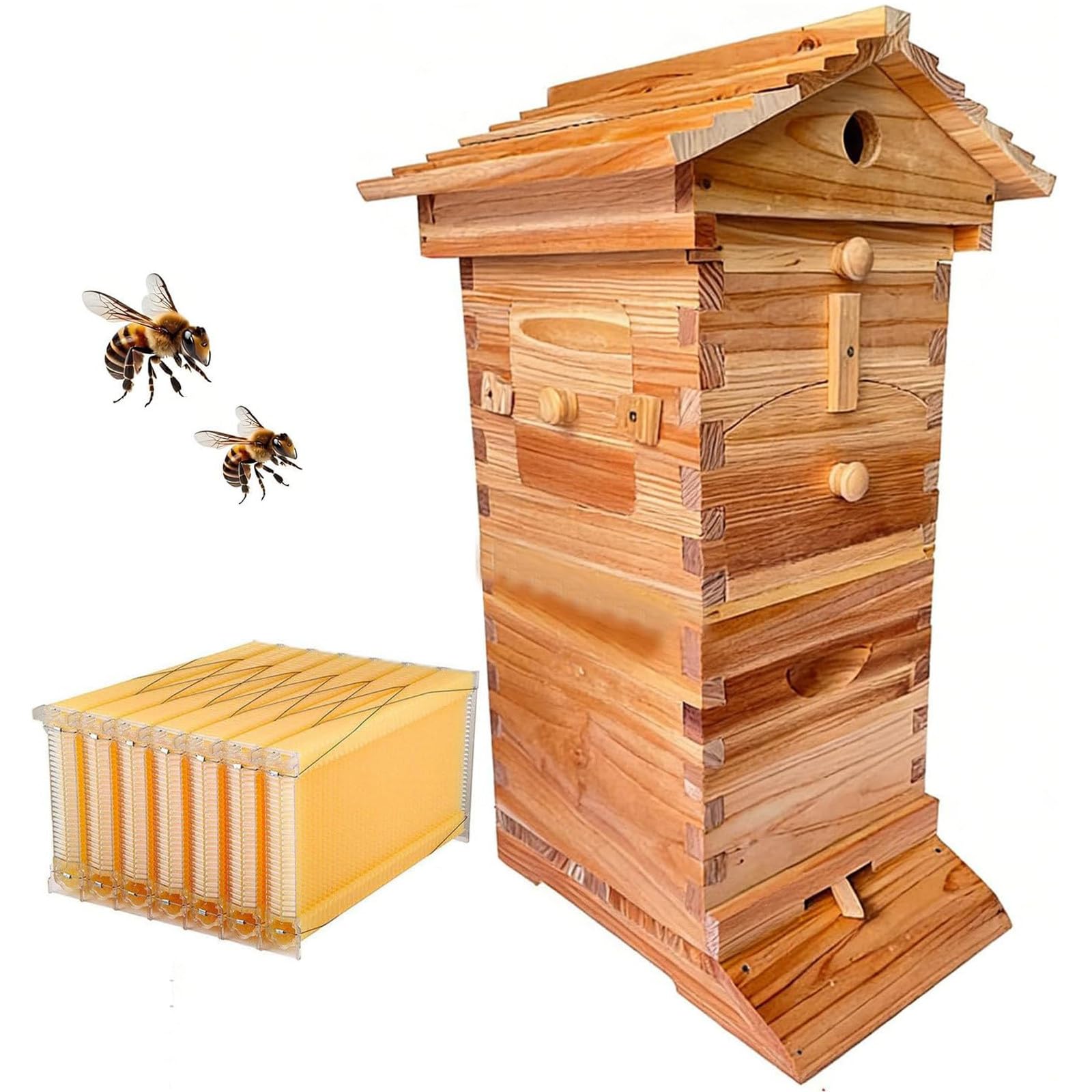 Komplettes Bienenstock-Starterset Mit 4 Automatischen Durchtriebsrahmen Und 6 Brutrahmen, Bienenkasten Aus Holz Mit Sichtfenster Und Honigauslauf Für Imkeranfänger