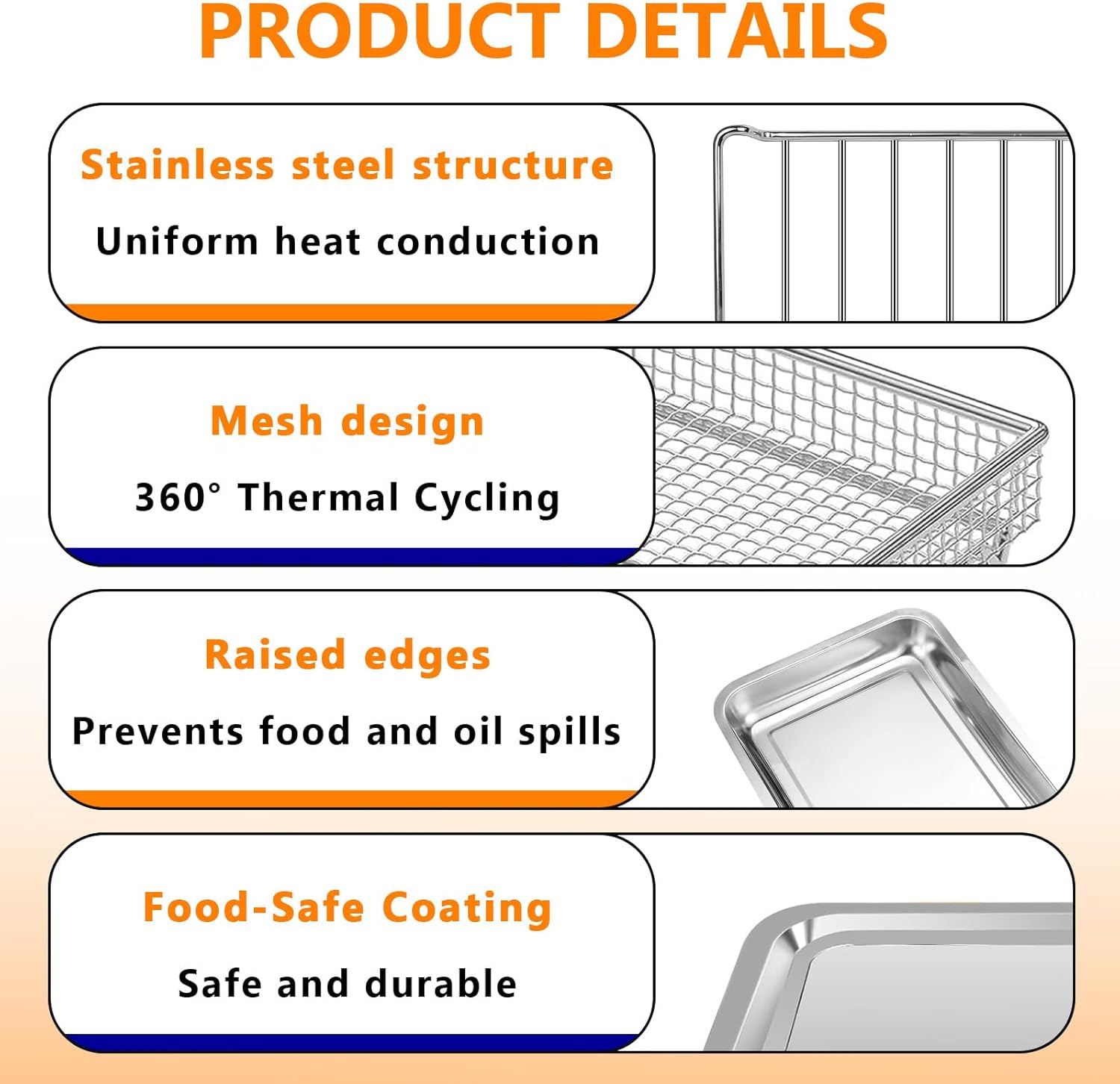 3PCS Air Fryer Tray Replacement Parts(Basket/Pan/Rack) Compatible with Cuisinart TOA-60 TOA-65 TOA-70 Air Fryer Toaster Oven, Stainless Steel Oven Air Fryer Accessories