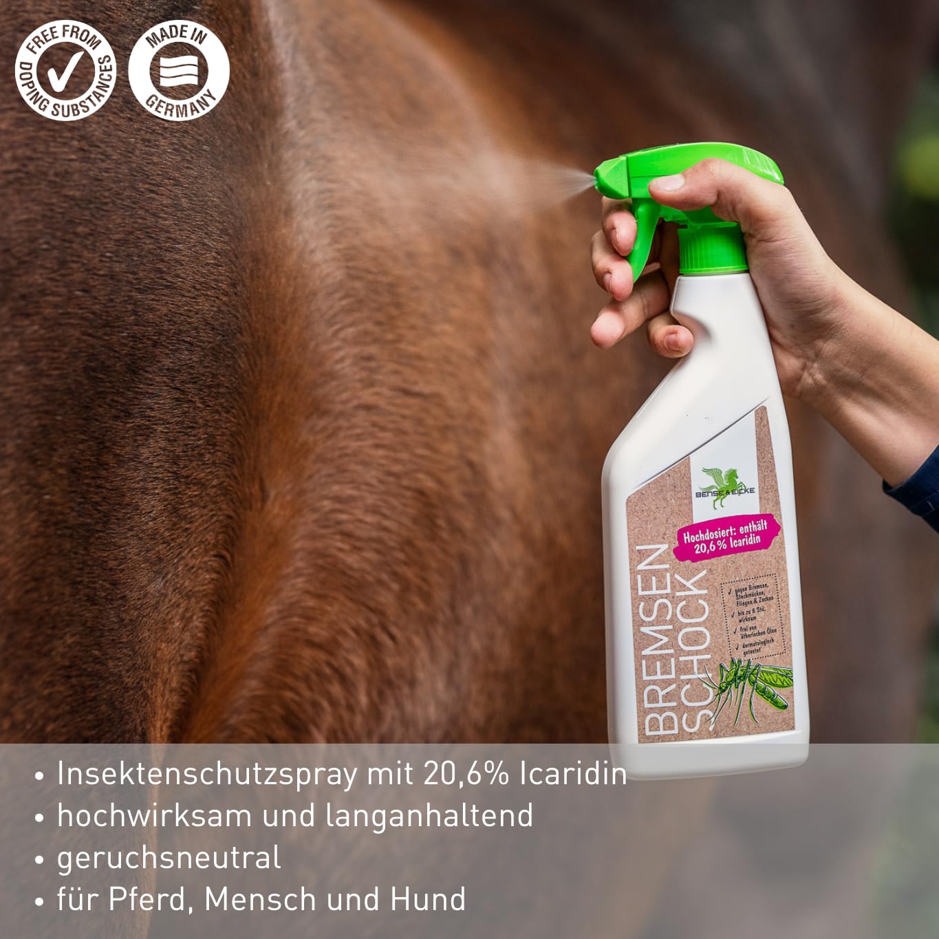 Bense & Eicke BremsenSchock 500 ml - Insektenschutzspray für Pferde, Schutz vor Bremsen, Mücken, Fliegen und Zecken, ohne Farbstoffe
