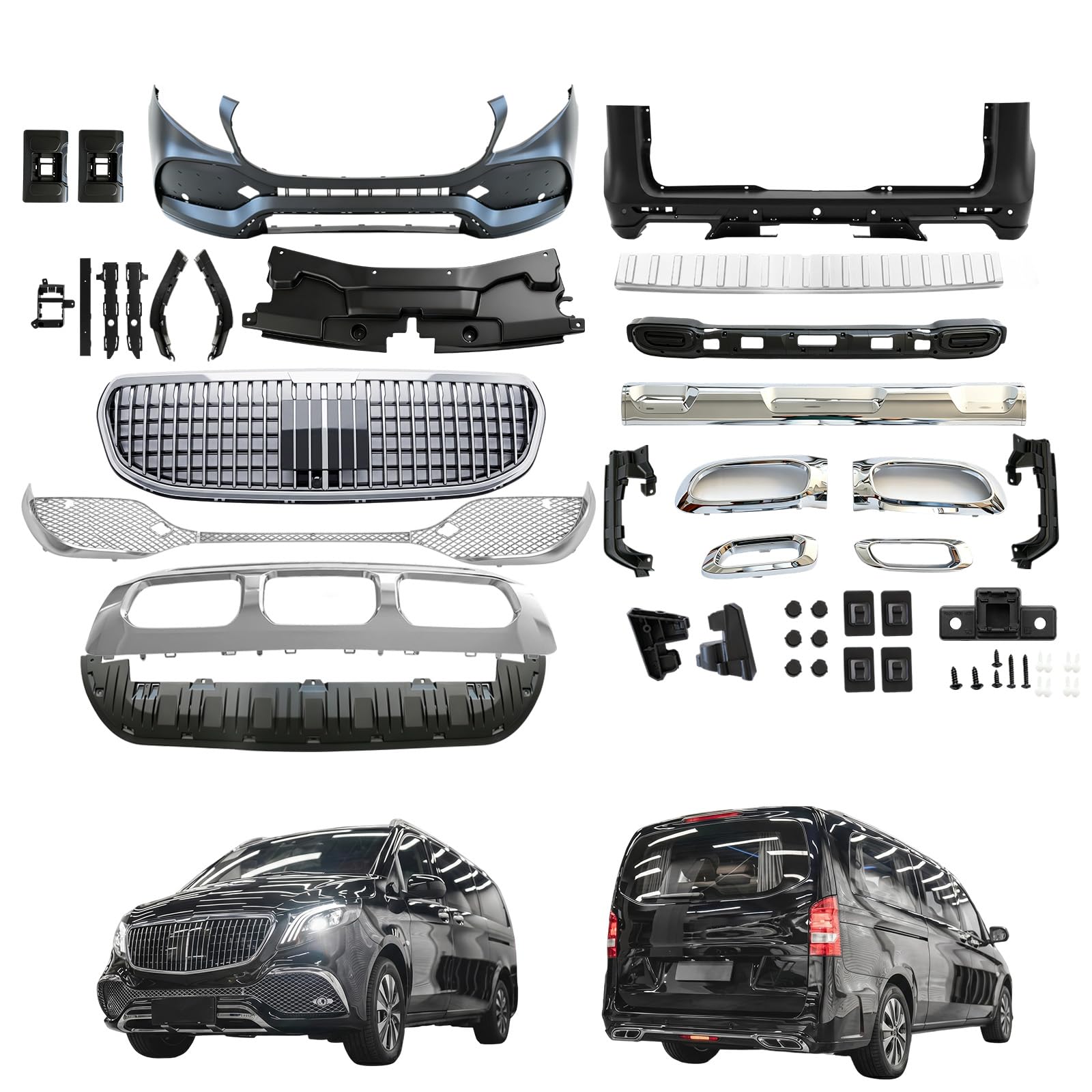 Complete Front+Rear Bumper Kit Compatible with 2016-2023 W447 V CLASS Metris To Maybach Style