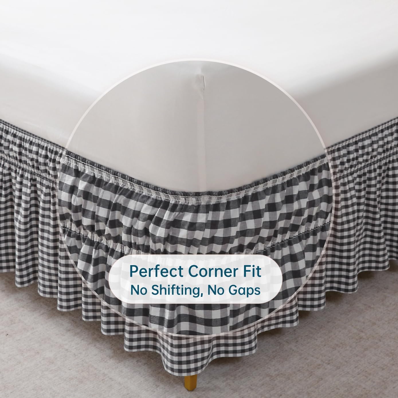 Wrap Around King/Cal King Bed Skirt 16" Drop, Black & White Gingham, 100% Washed Cotton, No-Lift Easy Install, Non-Slip Straps, Farmhouse Style
