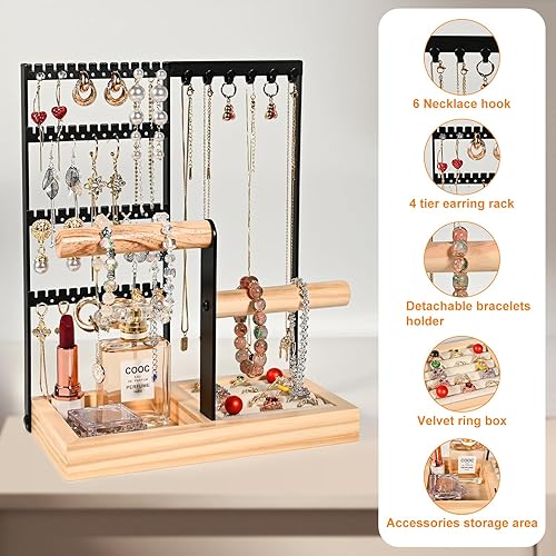 Miniatura 4 de Organizador de joyas, soporte de pie, 4 niveles para aretes con 48 agujeros, 6 ganchos para colgar, bandeja organizadora de anillos de 6 filas con