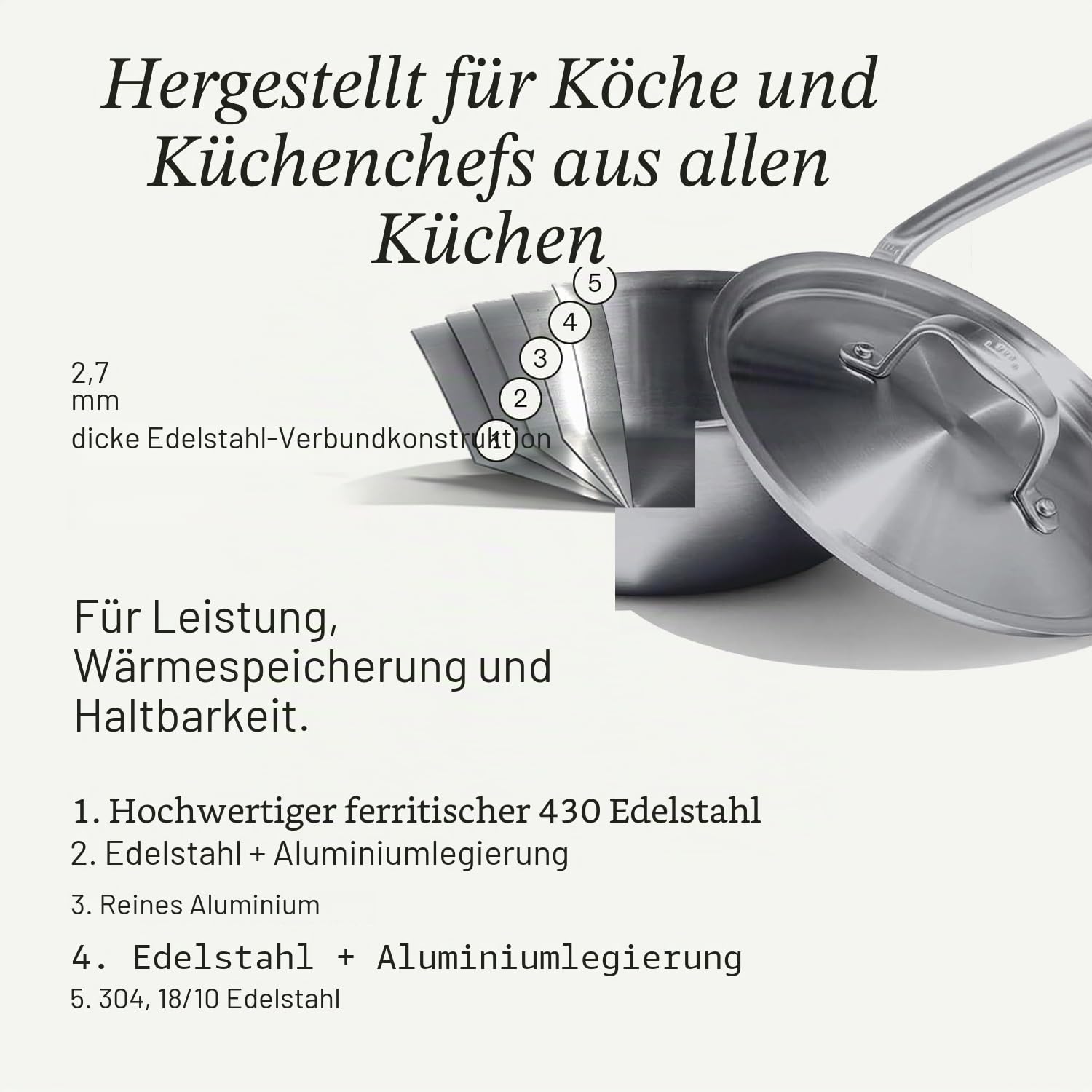 Made In Cookware – 3,1 l Sautépfanne aus Edelstahl – 5-lagige Edelstahlbeschichtung – Professionelles Kochgeschirr – Induktionskompatibel – Hergestellt in Italien