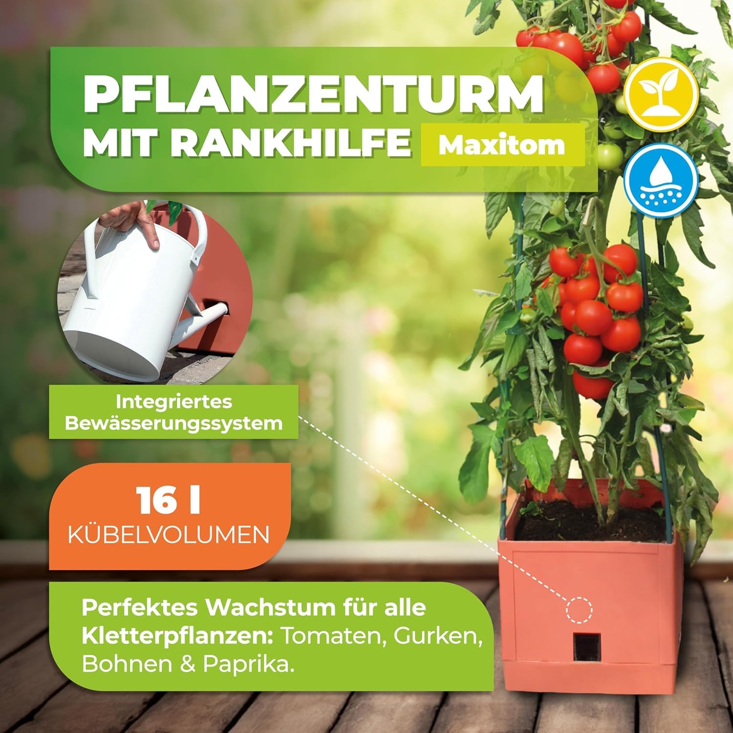 BioGreen Pflanzen-Aufzucht-Turm „Maxitom“ 3er-Set mit Rankhilfe und 2-Liter-Wasserspeicher | 16 Liter Fassungsvermögen | 150 cm Höhe | Farbe: Terracotta